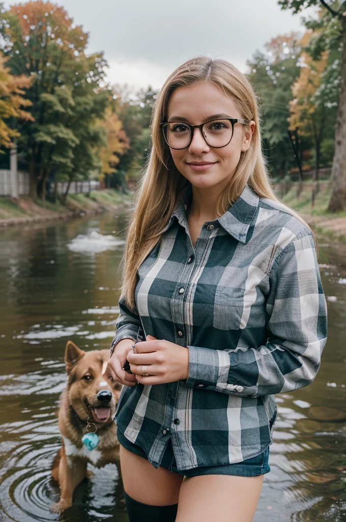 Candid and personal portrait of a young woman with glasses, blonde hair and a plaid shirt on a rainy day, accompanied by an adorable German shepherd dog, playing happily on the bank of a river. Taken with a camera with an 85mm lens with an aperture of F 1.2 to blur the background and focus on the woman's happy face