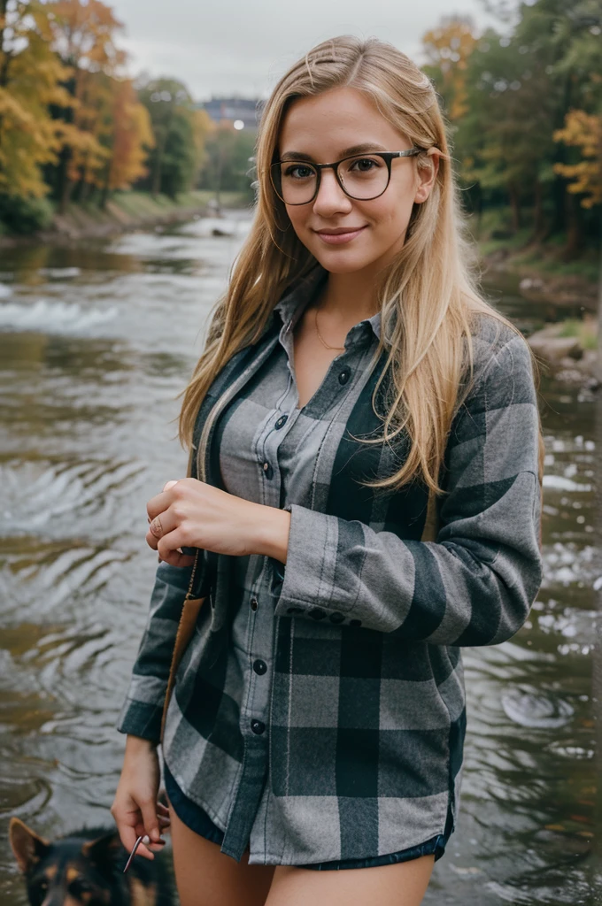 (heavy rain), (perfect photo of a beautifully soaked, gorgeous blonde lady with glasses), (wet hair:1.3), (emerging out from water:1.3), she proudly wears her (wet white shirt:1.3) buttoned to the top, with (long sleeves that extends to her wrists), as she feels the collar of her shirt, (in a river), (only head and shoulders visible on the water:1.4), partially submerged, (kinkily smirking directly at camera with an (aroused expression from being soaking wet), inviting you in), (her black trousers with a belt are visible under the water), photographed on a Fujifilm XT3, 80mm F/1.7 prime lens, cinematic film still, cinestill 500T, highly detailed, masterpiece, highest quality, intricately detailed, HDR, 16k, uhd, photorealistic