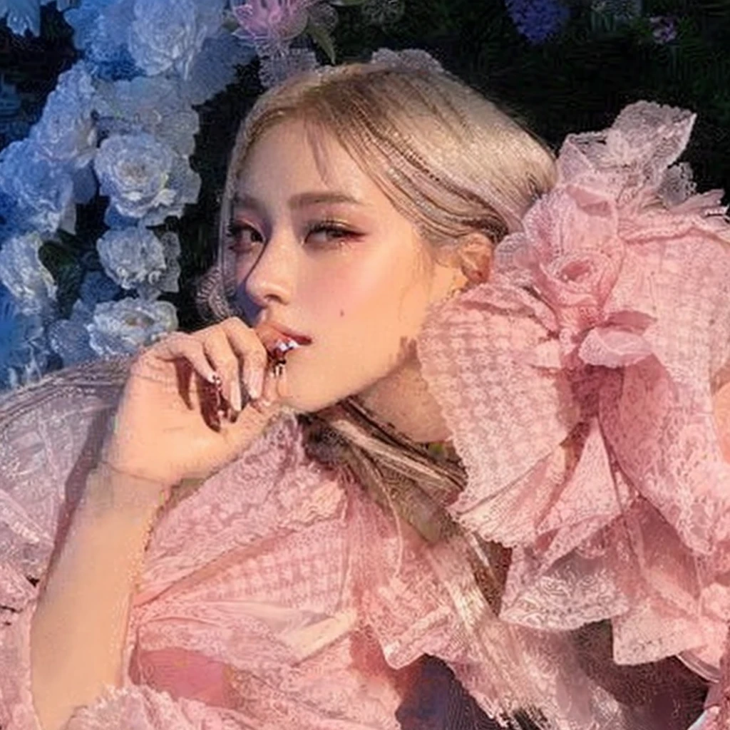 un primer plano de una mujer recostada sobre un lecho de flores, parque roseanne de blackpink, lechuguillay outfit, jossi de blackpink, portrait of jossi de blackpink, lechuguilla, dreamy aesthetic, very aesthetic!!!!!!, por Eva Frankfurther, al estilo de petra collins, Dreamy ethereal atmosphere, fantasy aesthetic!, inspirado en Yanjun Cheng, aesthetic!!, soft aesthetic