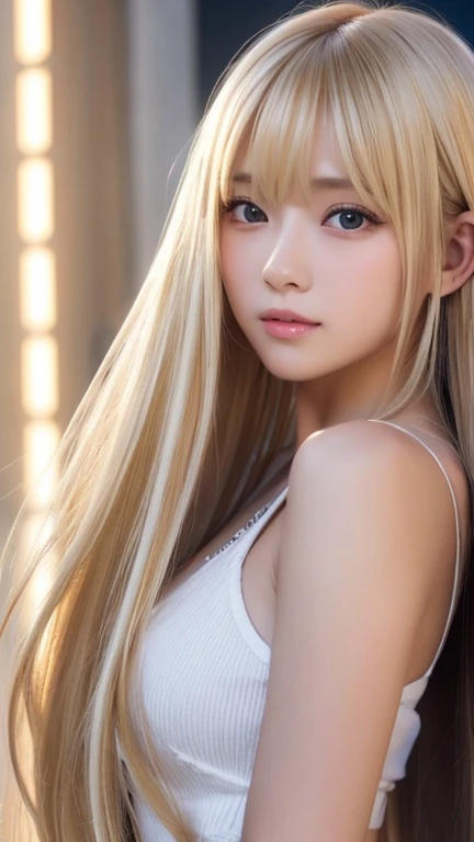 clear shiny skin、18 year old cute sexy little beautiful face、Straight super long blonde hair that shines in the light、Blonde dancing in front of cute beautiful face、Silky long bangs that cover the cute eyes、blonde hiding her sexy face、too super long hair、sexy cute young woman、Super long natural young blonde with glowing light highlights、hair above eyes、片hair above eyes、hair between eyes、
