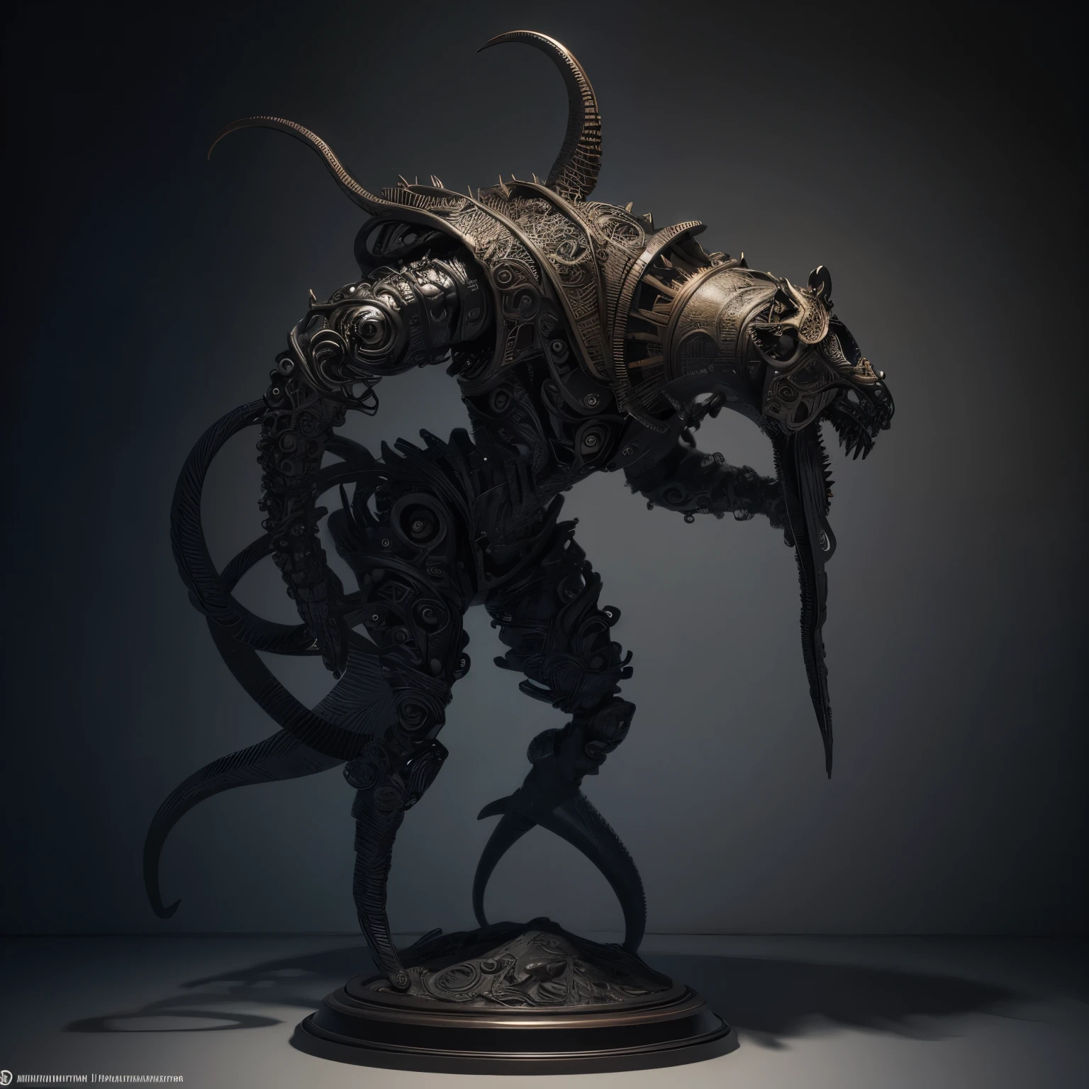 retrato de uma escultura de metal de um monstro aterrorizante, 3 d sculpture 8 k Octane rendering, 3 d sculpture Octane rendering 8 k, obras de arte intrincadas. Octane rendering, biomechanical sculpture, escultura altamente detalhada, intrincada escultura 3D, escultura digital, escultura surreal de metal, escultura muito detalhada, ornate tentacles growing around