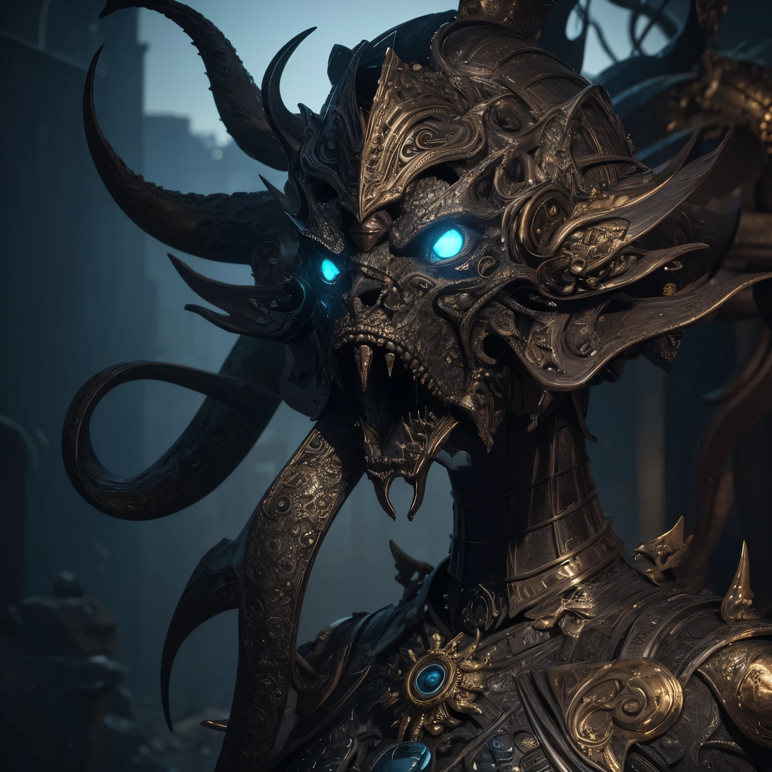 retrato de uma escultura de metal de um monstro aterrorizante, 3 d sculpture 8 k Octane rendering, 3 d sculpture Octane rendering 8 k, obras de arte intrincadas. Octane rendering, biomechanical sculpture, escultura altamente detalhada, intrincada escultura 3D, escultura digital, escultura surreal de metal, escultura muito detalhada, ornate tentacles growing around