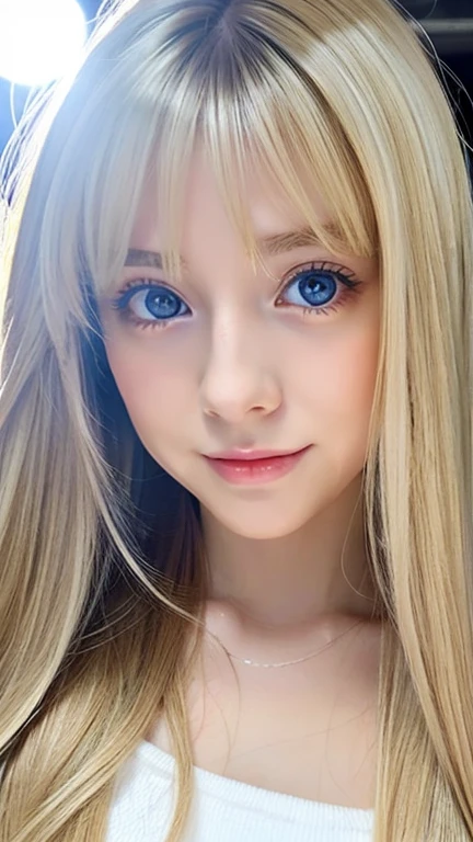 clear shiny skin、18 year old cute sexy little beautiful face、Straight super long blonde hair that shines in the light、Blonde dancing in front of cute beautiful face、Silky long bangs that cover the cute eyes、blonde hiding her sexy face、too super long hair、sexy cute young woman、Super long natural young blonde with glowing light highlights、hair above eyes、片hair above eyes、hair between eyes、Very beautiful bright and shining light blue big eyes、extremely big eyes、small face beauty、