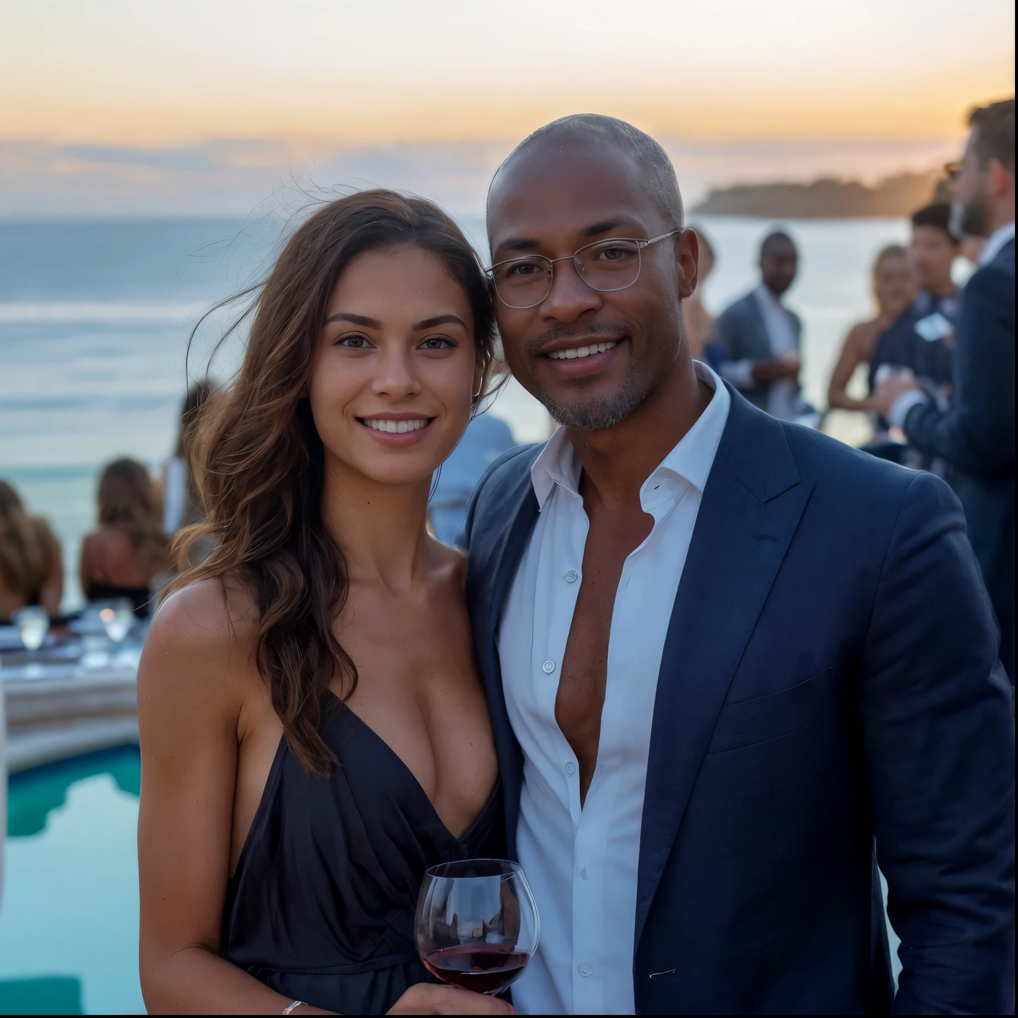 A tiny African American woman with a crop top, long curly hair, and open toe wedges stands next to her husband. She is shorter than him.