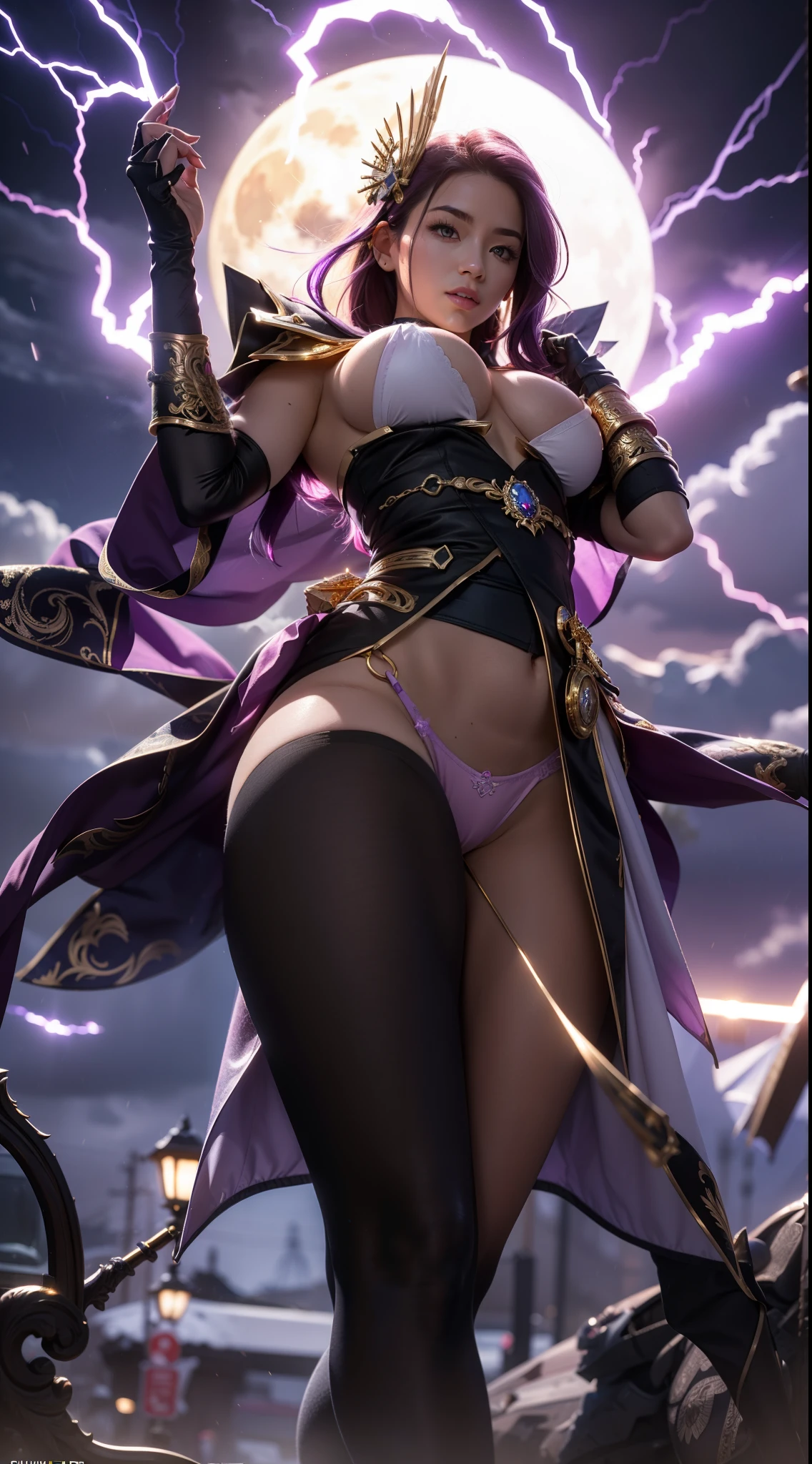 (ultra realistic photo, 8k uhd, full of details in clothes and face, masterpiece, girl goddess of beauty). Shogun Raider from Genshin Impact is a sexy woman with long, flowing purple hair, who wears a highly detailed sexy lingerie, she wears a jewel on the side of her head adorned with gold details and a gem in the center. - She wears a purple and pink outfit with gold details, with ornate designs in gold. The upper part of the armor is tight to the body, highlighting its curves. (she has long breasts, huge and perfect breasts emerging from her sexy, erotic cleavage, sharp pointed BREASTS), ((transparent micro panties showing pussy, perfect pussy)), defined body, body with curves, big perky ass, pussy showing, His arms are covered in armored gloves that have similar designs in gold and are attached to his upper arm by straps. - A piece of cloth flows from his waist, complementing the armor look. - Her face is very beautiful, she has light pink eyes and a serious expression. - In the background, there is a dramatic sky full of dark clouds and lightning lighting the scene. A full moon is also visible between the clouds.