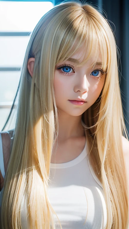 clear shiny skin、18 year old cute sexy little beautiful face、Straight super long blonde hair that shines in the light、Blonde dancing in front of cute beautiful face、Silky long bangs that cover the cute eyes、blonde hiding her sexy face、too super long hair、sexy cute young woman、Super long natural young blonde with glowing light highlights、hair above eyes、片hair above eyes、hair between eyes、Very beautiful bright and shining light blue big eyes、extremely big eyes、small face beauty、
