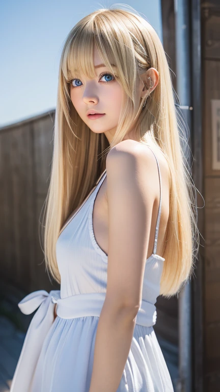 clear shiny skin、18 year old cute sexy little beautiful face、Straight super long blonde hair that shines in the light、Blonde dancing in front of cute beautiful face、Silky long bangs that cover the cute eyes、blonde hiding her sexy face、too super long hair、sexy cute young woman、Super long natural young blonde with glowing light highlights、hair above eyes、片hair above eyes、hair between eyes、Very beautiful bright and shining light blue big eyes、extremely big eyes、small face beauty、