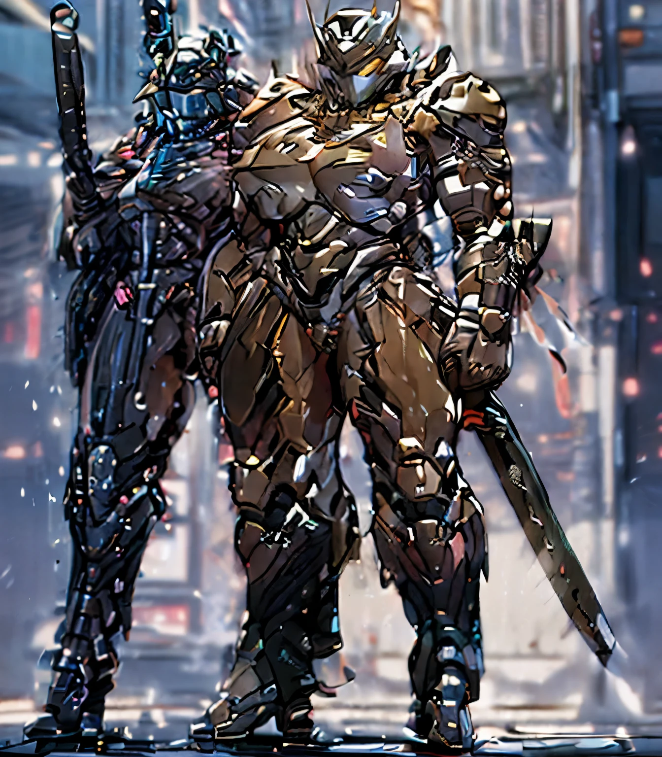 (A paladin holding a light infused great sword, divine, black and gold armor), movie light , Exquisite future), Ultra detailed, Great composition, Depth of field, (Very detailed CG,Unity 8k壁纸), (Beautiful detail background), dramatic lights, GOGETTA, mecha,Best qualit,photorealistic, (big huge saggy), 10 pack abs, broad shoulders, (wide hips and waist), purple eyes, long messy bangs, thick thighs, (very muscular). ( sexy dominant masculine woman with a strong jawline). (Huge abnormal very veiny muscular arms). Big abnormal trapezius