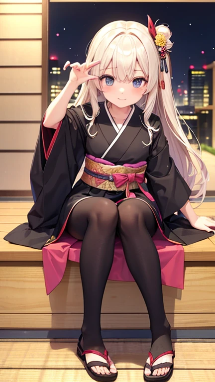 1 chica, Solo, Lindo kimono, Sandalias de madera, black muslos, pecho mediano, escote, Japan Akihabara, vista nocturna, pelo entre los ojos, pelo largo, mirando al espectador, pelo albino, short natural nails, Solo, muslos, Muslos, ((obra maestra)), de pie, pose sexy, rubor, Shy, mostrar los dientes, mano detallada, hermoso dedo,