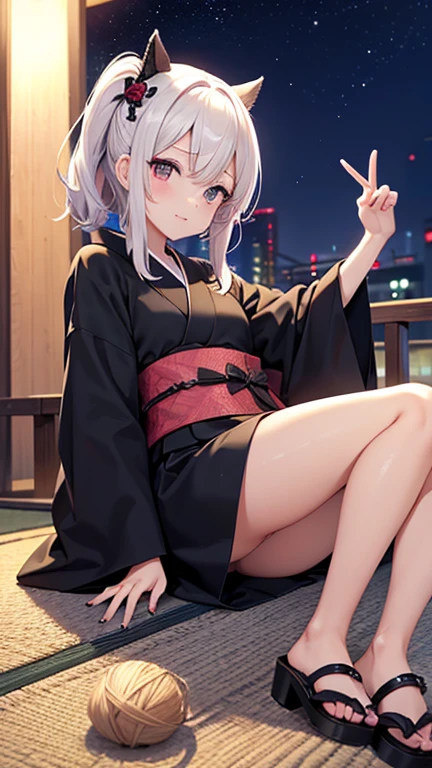 1 chica, Solo, Lindo kimono, Sandalias de madera, black muslos, pecho mediano, escote, Japan Akihabara, vista nocturna, pelo entre los ojos, pelo largo, mirando al espectador, pelo albino, short natural nails, Solo, muslos, Muslos, ((obra maestra)), de pie, pose sexy, rubor, Shy, mostrar los dientes, mano detallada, hermoso dedo,