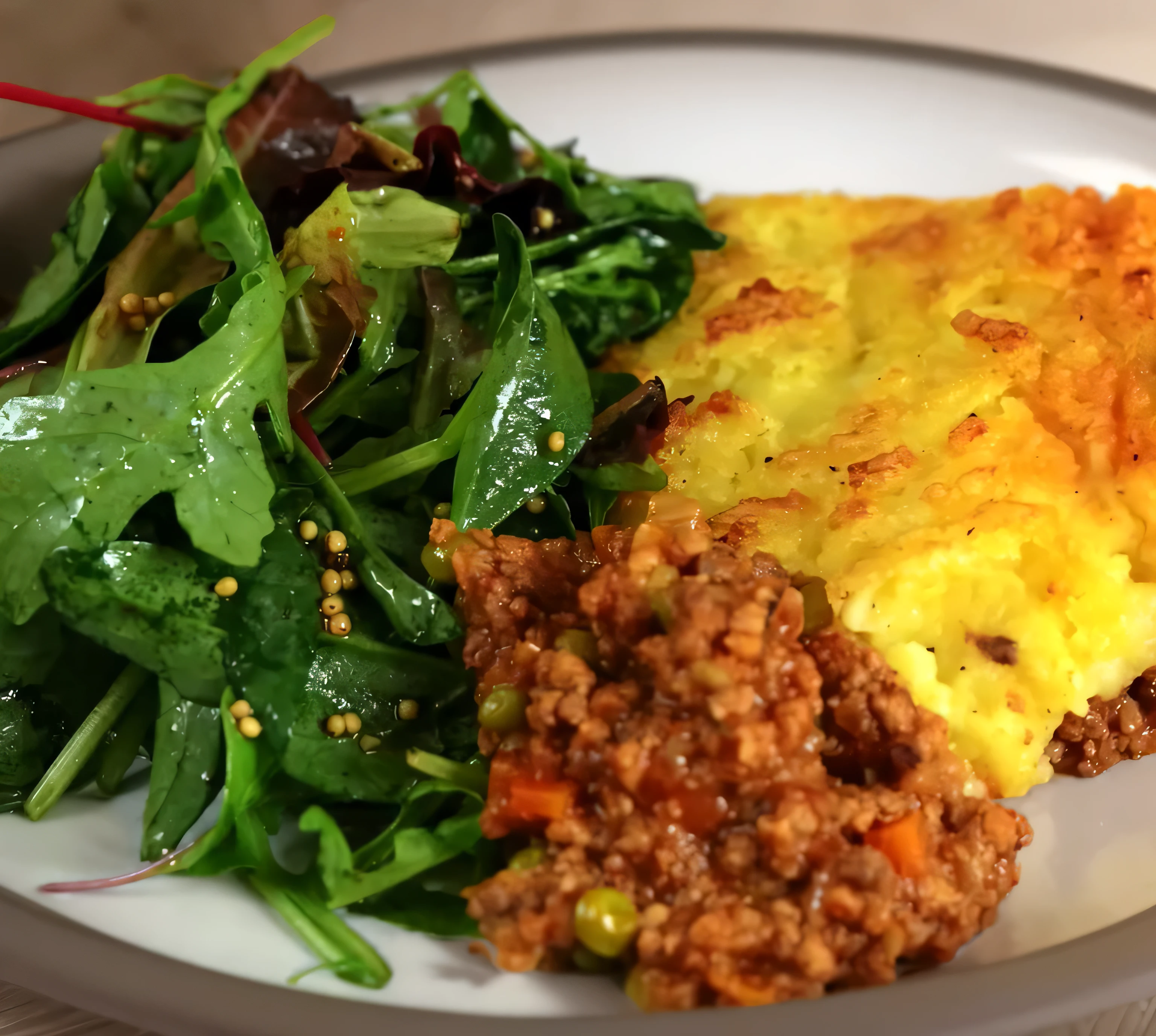 il y a une assiette de nourriture avec une salade et une tourte à la viande, restes de tourte à la viande, recette, mièvre, plat, par Helen Stevenson, délicieux, en bonne santé, inspiré par John Steuart Curry, hautement rendu, négligent, Lena Oxton, servi avec des pâtes, à propos d’Ella Guru, facile, par Alice Mason, Art mixte, bête, Lasagne