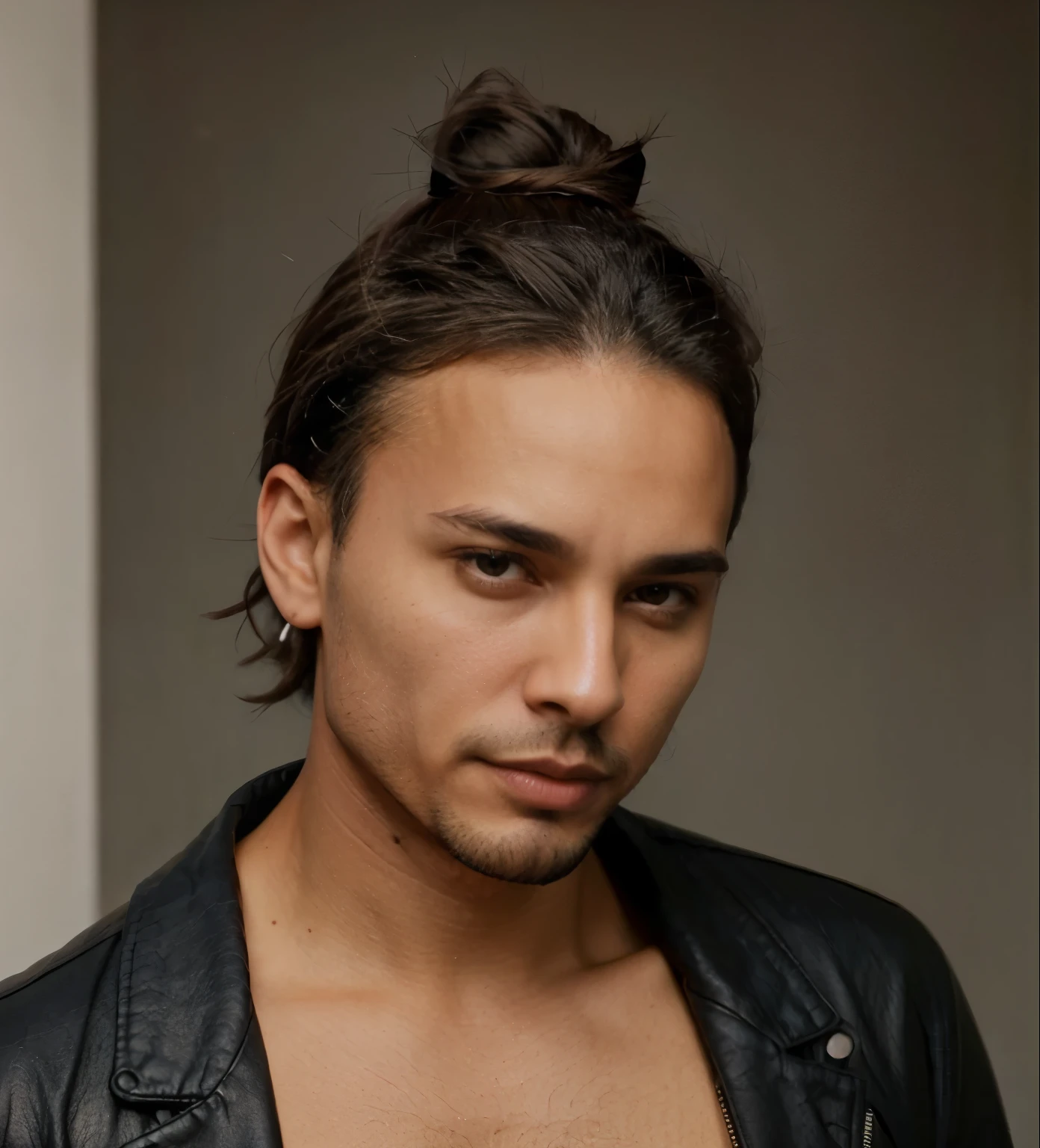 Buetifull gorgeous trans man with tan skin has a black goatee, has dark brown hair tied uo in a bun, wearing black leather jacketand a white tshirt, strong jawline, has goateee, gorgeous man, trans man, trans man, hair tied up in a bun, slight femnine but masculine face, femnine features on face and masculine, has goatee,