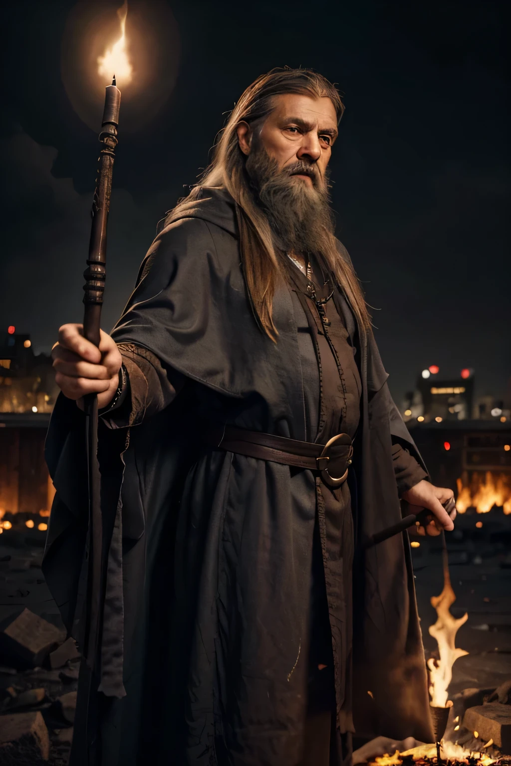 A wise old looking man with long grey hair an beard in a cloak holding a staff opening a dark portal to a burning city