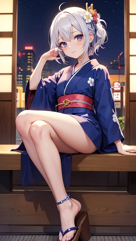 1 chica, Solo, Lindo kimono blue and white, Sandalias de madera, medias, pecho mediano, escote, Japan Akihabara, vista nocturna, pelo entre los ojos, pelo largo, mirando al espectador, pelo albino, short natural nails, Solo, muslos, Muslos, ((obra maestra)), de pie, pose sexy, rubor, Shy, mostrar los dientes, mano detallada, hermoso dedo, orejas zorro, cola zorro.