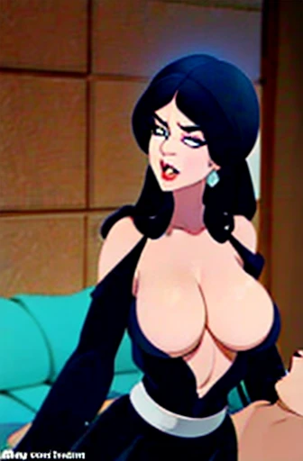 Elvira wearing a black low cut dress with leg slit have her breasts sucked on