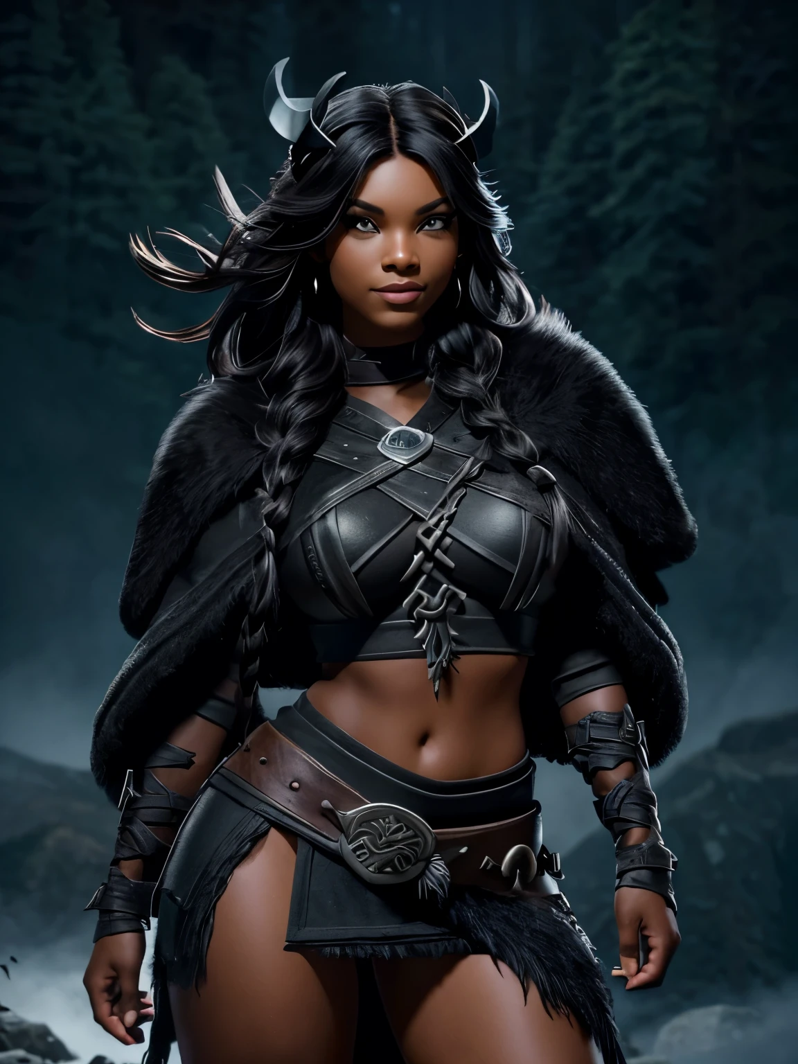 A beautiful and sexy (((black Viking daughter woman))) dressed in heavy fur, dark wolf eyeliner, heavy eyeshadow, beautiful refined face detail, dark eyes, crooked smile, mischievous glint in her eye, slim figure, perfect legs, alluring energy, untamed spirit, Lucious braided black hair, worshipping the gods, atmospheric fog, ambient light, rim light, an overgrown mountain forest, wooden hut,