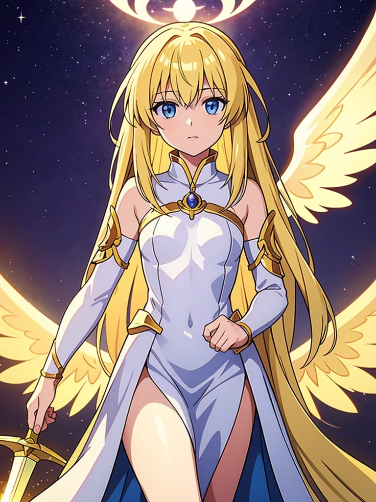 Seraphiel is an angelic being with golden wings and radiant, ethereal armor. Her eyes emit a warm, celestial light, and she carries a gleaming sword forged from the essence of Eldoria's sun.medium sized chest
Role: Celestial envoy and defender, entrusted with safeguarding Eldoria from otherworldly threats.
