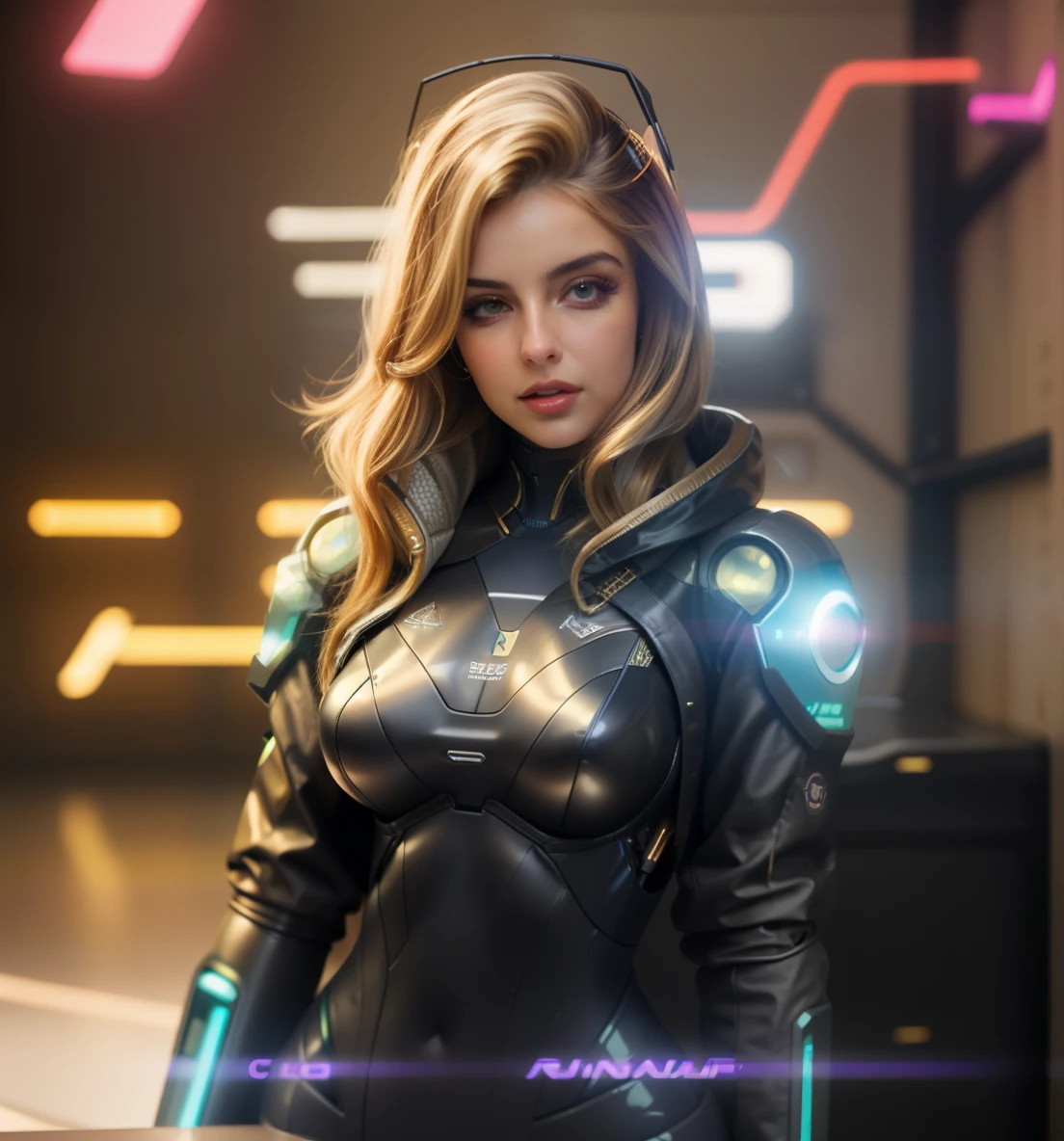 mulher ana de armas em um terno futurista com fones de ouvido e um microfone, cyber sorceress, cyber universe style, cyberpunk robotic elven queen, cyber suit, barbie ciborgue, mulher nobre ciborgue, garota ciborgue, cyber suit, girl with mecha cybernetic armor, linda modelo de mulher cyberpunk, comerciante ciborgue, diverse cyber suits, rogue hair