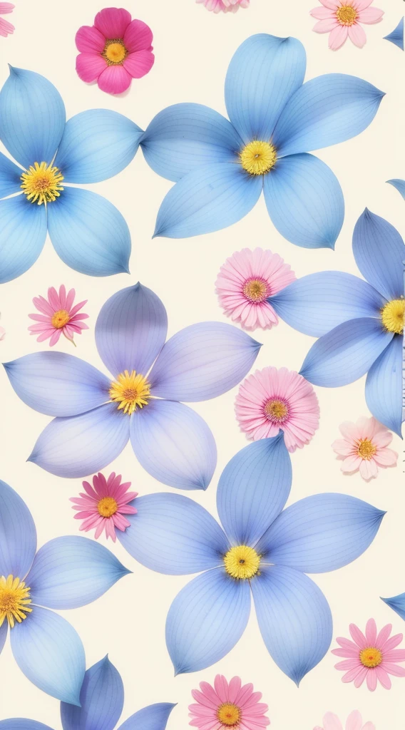 There are many blue flowers,The center is pink and yellow, patchy flowers, inspired by Annabel Kidston, stylized painterly, Flower background, floral patterns, opulent, flower power motifs, stylized flowers, strawberry embellishment, flower, flowers in the background, Repeating pattern, pastel flowery background, floral motives, smeared flowers, floral wallpaper