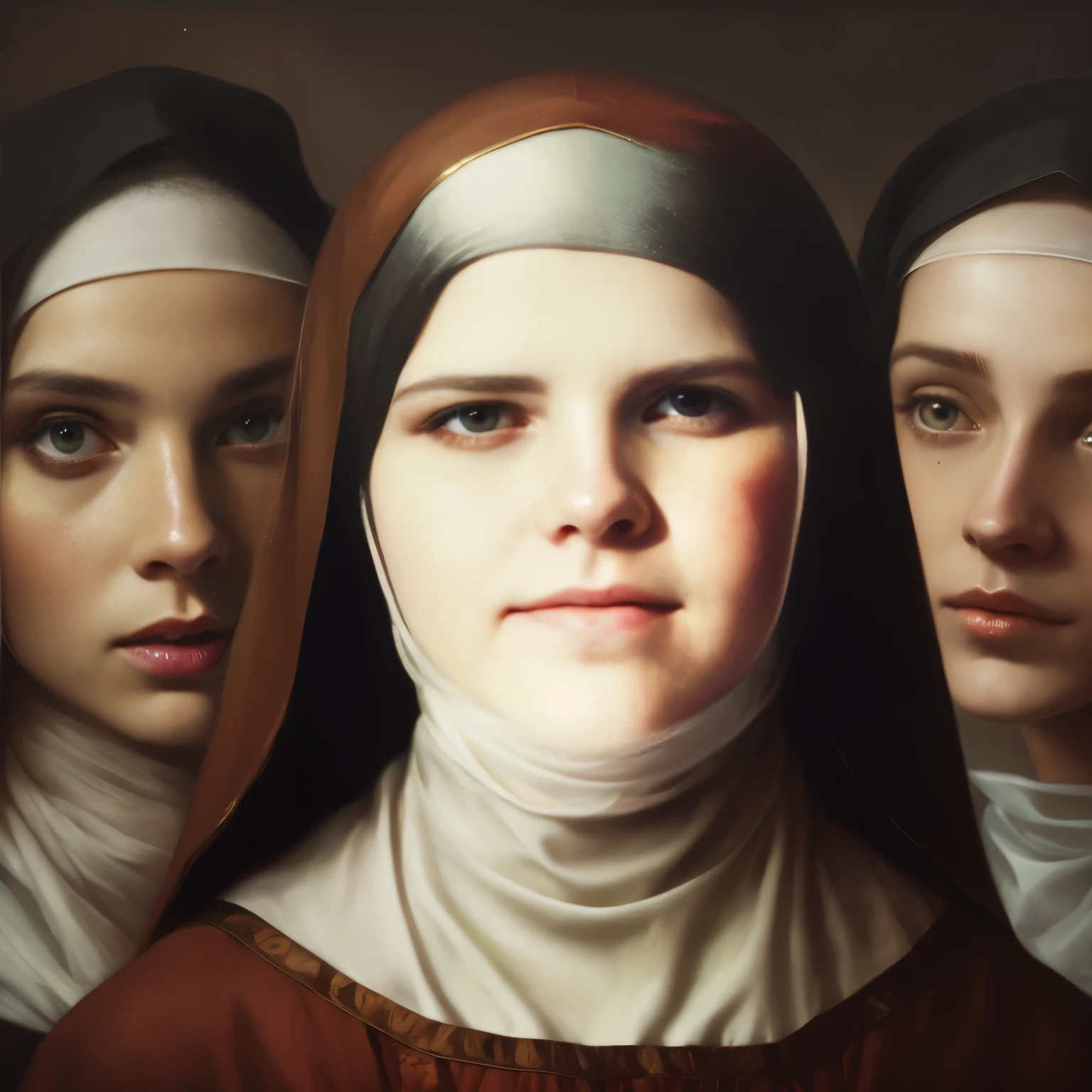 three female nuns stand in a row with a nun's head covering, pintura digital renascentista, obras de arte no estilo de guweiz, pintura digital barroca, karol bak de emma watson freira, retrato realista do renascimento, arte conceitual hiper-realista, ultra pintura digital realista, arte renascentista de hiper-realismo, hyperpintura digital realista, pintura digital realista, tom bagshaw weta studio