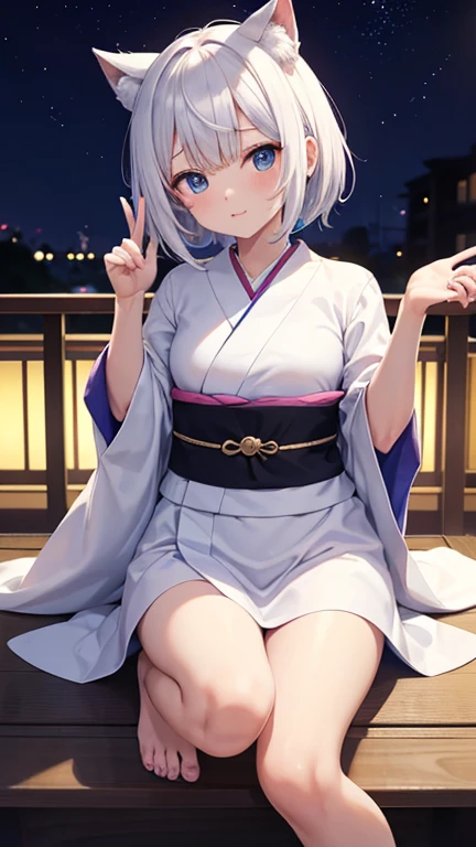 1 chica, Solo, Lindo kimono blue and white, Sandalias de madera, medias, pecho mediano, escote, Japan Akihabara, vista nocturna, pelo entre los ojos, pelo largo, mirando al espectador, pelo albino, short natural nails, Solo, muslos, Muslos, ((obra maestra)), de pie pose, rubor, Shy, mostrar los dientes, mano detallada, hermoso dedo, orejas zorro, cola zorro, cuerpo completo.