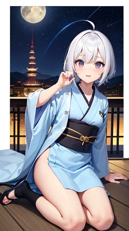 1 chica, Solo, Lindo kimono blue and white, Sandalias de madera, medias, pecho mediano, escote, Japan Akihabara, vista nocturna, pelo entre los ojos, pelo largo, mirando al espectador, pelo albino, short natural nails, Solo, muslos, Muslos, ((obra maestra)), de pie pose, rubor, Shy, mostrar los dientes, mano detallada, hermoso dedo, orejas zorro, cola zorro, cuerpo completo.