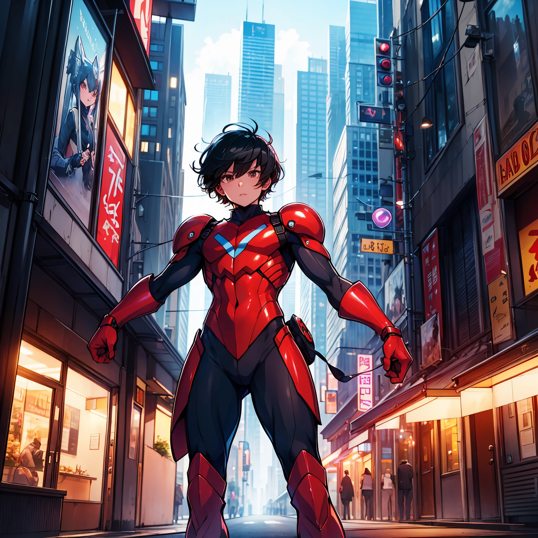 ((masterpiece, best quality)),(complex light),astro boy,black hair, brown eyes,red boots, fighting postion, about to fight, futuristic city varied multi etc. --v 6 --s 1000 --c 20 --q 20 --chaos 100