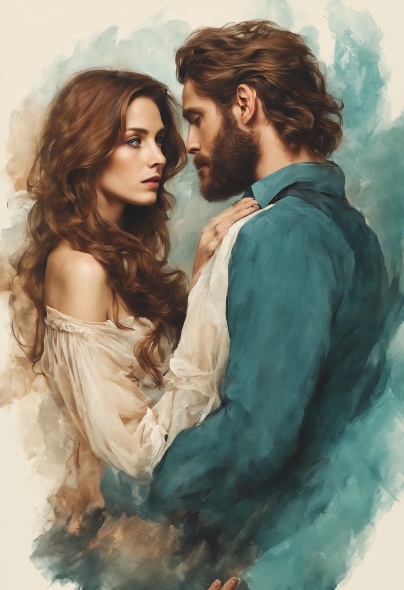 Photo grand of a young couple in love, modelesque woman with long brown hair cascading down her shoulders in soft waves, her skin radiating a natural and luminous glow, turquoise eyes shining with warmth and affection as she gazes into her boyfriend's gaze, model with short brown hair slightly tousled and disheveled, blue eyes staring back at her with a seductive and alluring manner. The image captures the autumnal color palette, with fair complexions complementing each other. The man adds rugged charm with his serrated beard. The photograph is of high resolution, a masterpiece of best quality, intricately detailed and highly detailed, with a nette mise-en