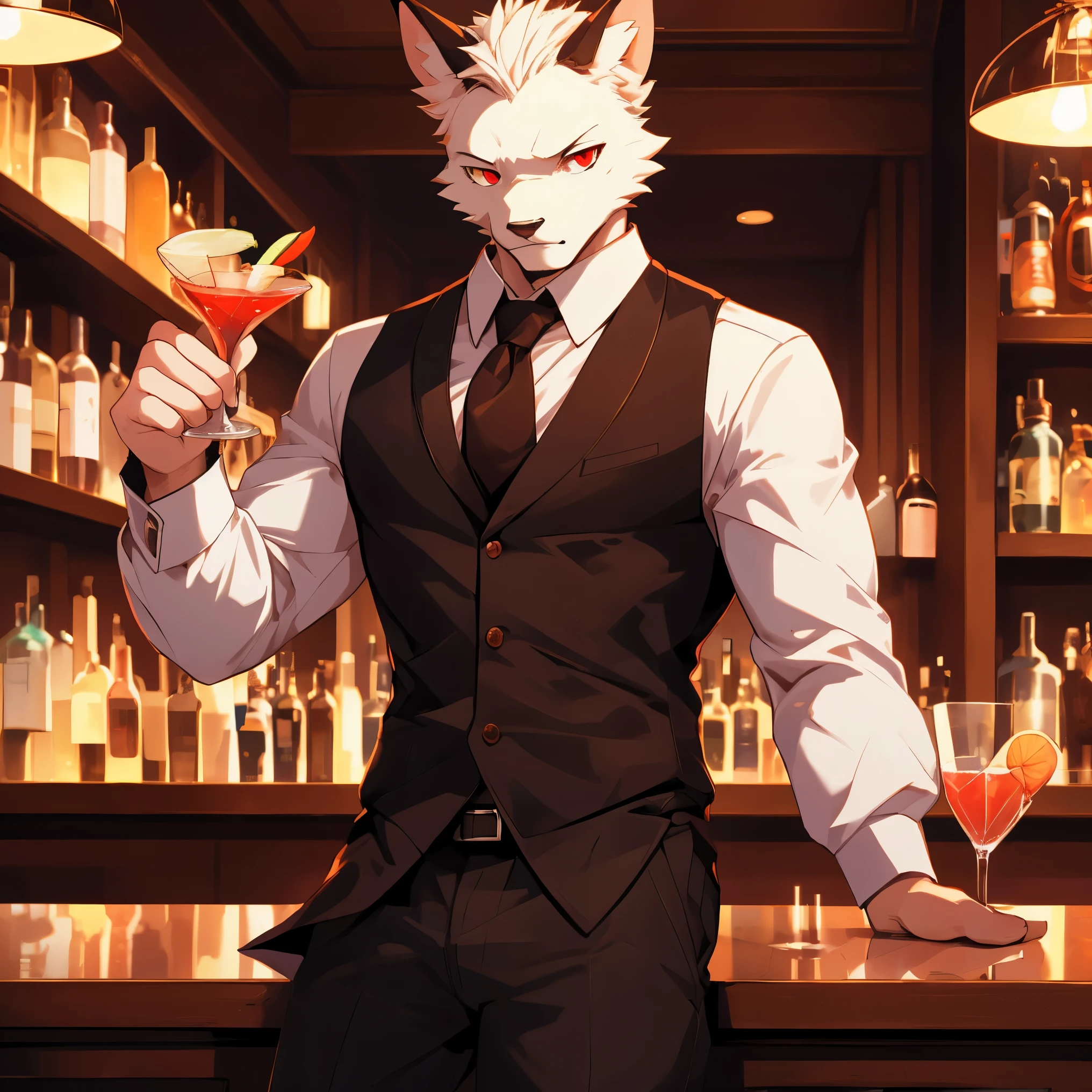 Perfect exquisite details highest quality bar background single half body young male bartender making cocktail white bat red eyes slim elegant melancholic