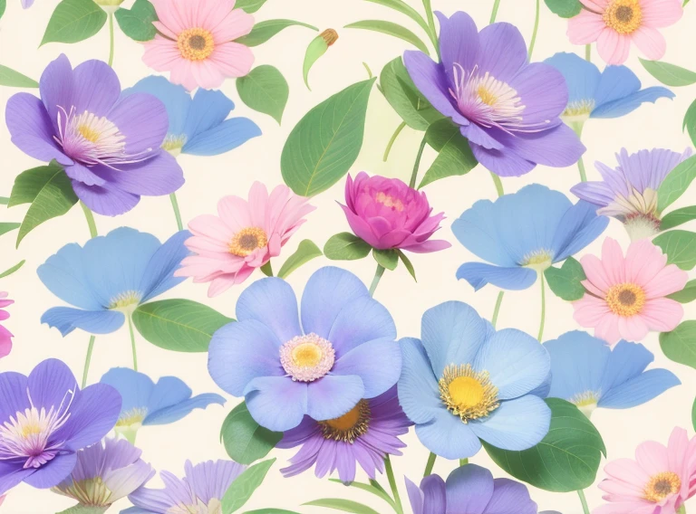 There are many blue flowers,The center is pink and yellow, patchy flowers, inspired by Annabel Kidston, stylized painterly, Flower background, floral patterns, opulent, flower power motifs, stylized flowers, strawberry embellishment, flower, flowers in the background, Repeating pattern, pastel flowery background, floral motives, smeared flowers, floral wallpaper