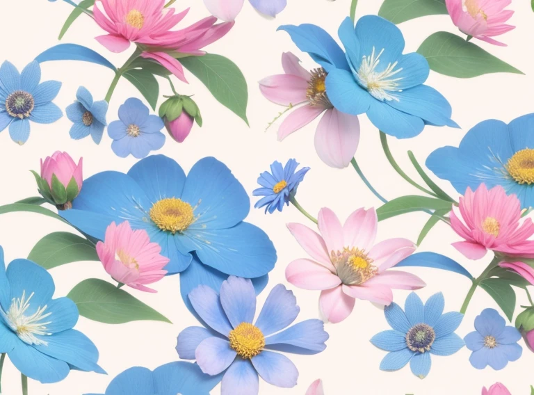 There are many blue flowers,The center is pink and yellow, patchy flowers, inspired by Annabel Kidston, stylized painterly, Flower background, floral patterns, opulent, flower power motifs, stylized flowers, strawberry embellishment, flower, flowers in the background, Repeating pattern, pastel flowery background, floral motives, smeared flowers, floral wallpaper