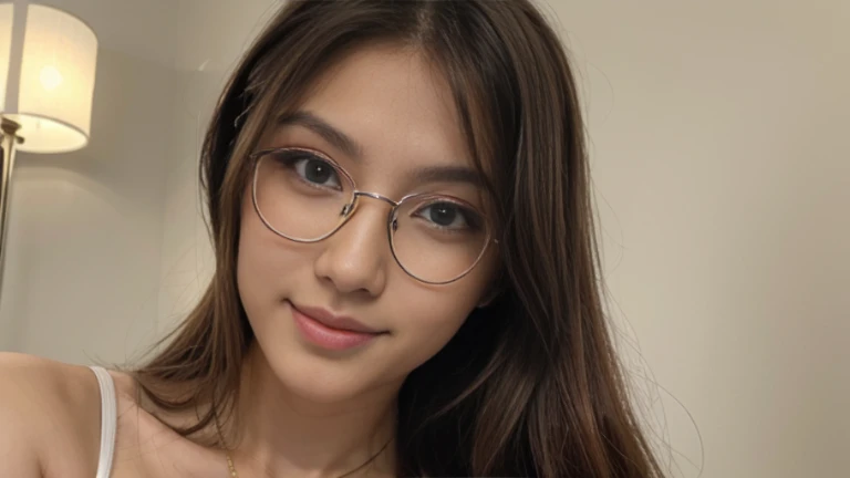 Create Euro Asian model de 21 anos mix of Russian and Japanese with blue eyes e deve usar oculos. A modelo tem q ter aspecto realista, tamanho medio de 1.73m, sorridente com brilhos nos olhos, cabelo comprido de cor castanho escuro. A modelo deve estar no meio da foto de costas e olhando para tras.
