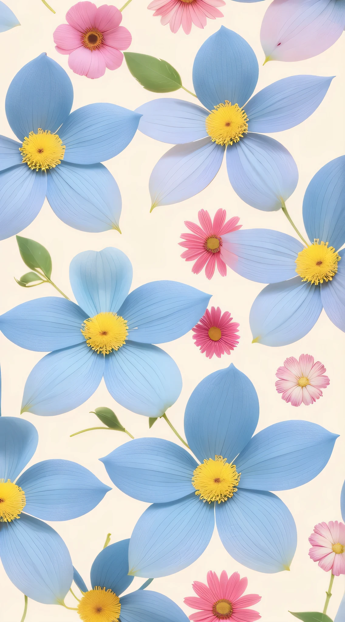 There are many blue flors，The center is pink and yellow, patchy flors, inspirado em Annabel Kidston, pintura estilizada, fundo de flor, floral patterns, opulento, flor power motifs, stylized flors, Enfeite de Morango, flor, flors in the background, repeating pattern, pastel flory background, motivos florais, smeared flors, papel de parede floral
