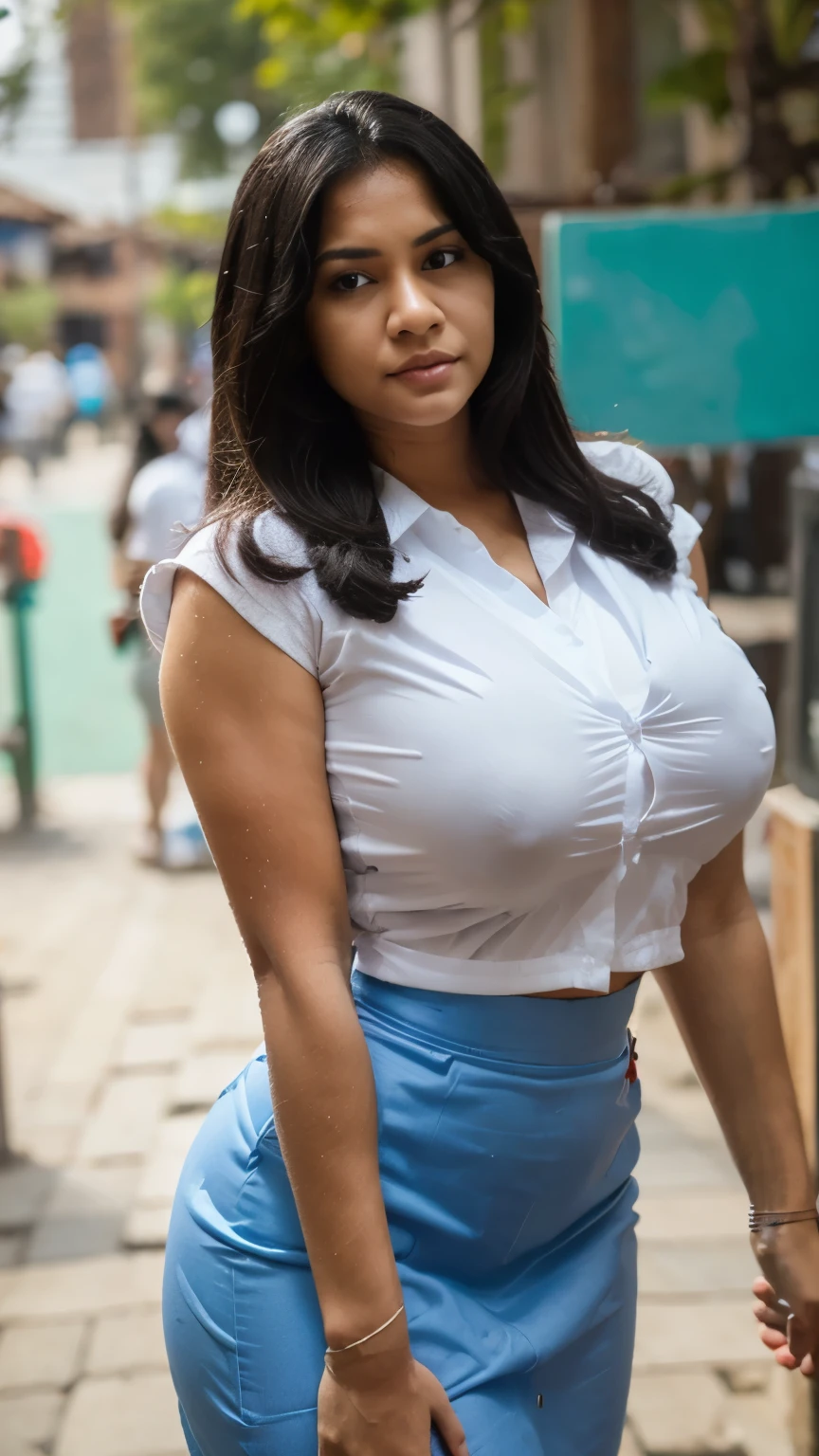 Black hair,Indonesia,White shirt,blue skirt,classroom,huge breasts,((bokeh))