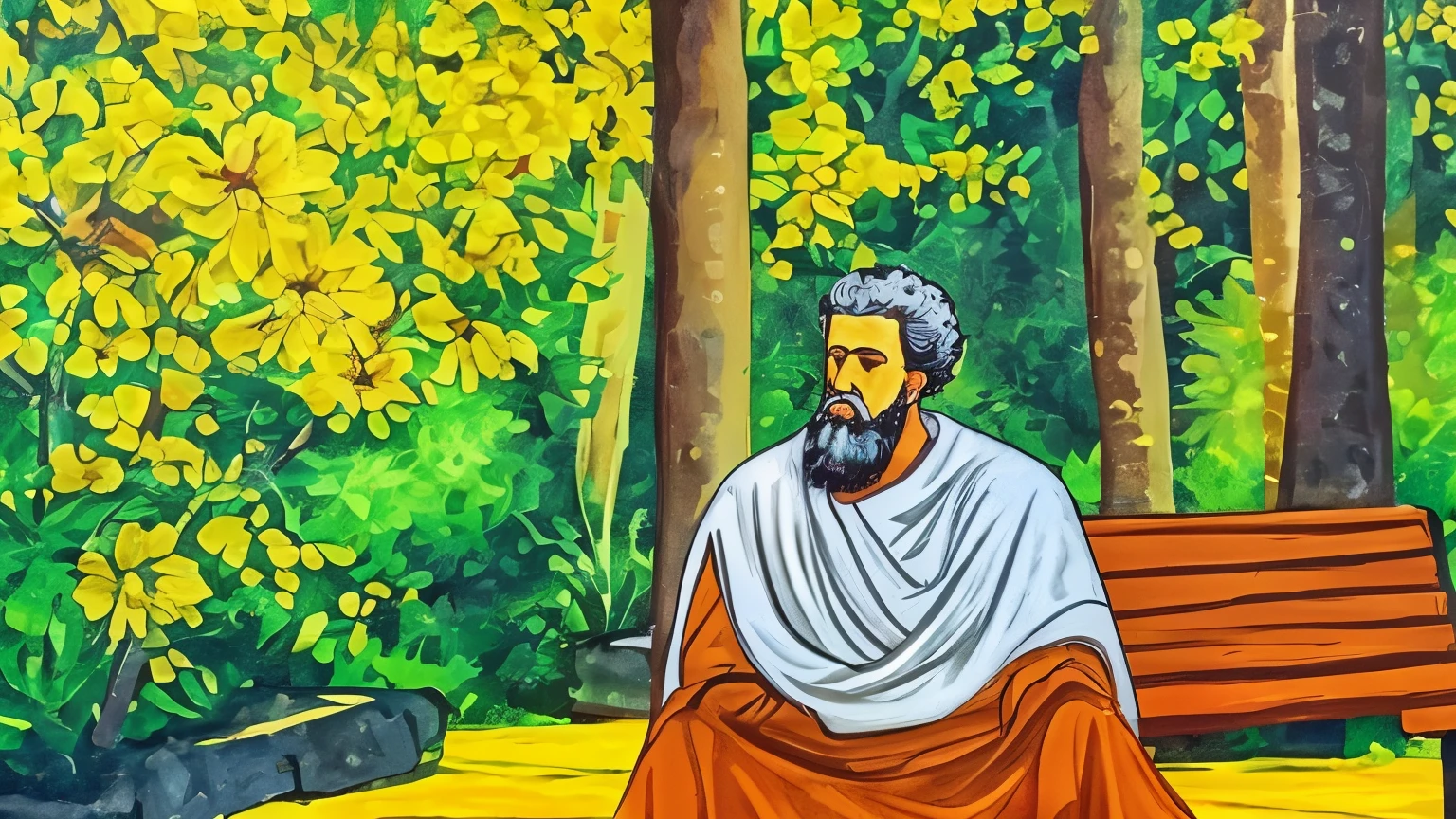 Generate an image of the philosopher Marcus Aurelius, bearded, in a bright yellow Greek outfit, sitting on a bench meditating in a warm environment. Painted style.