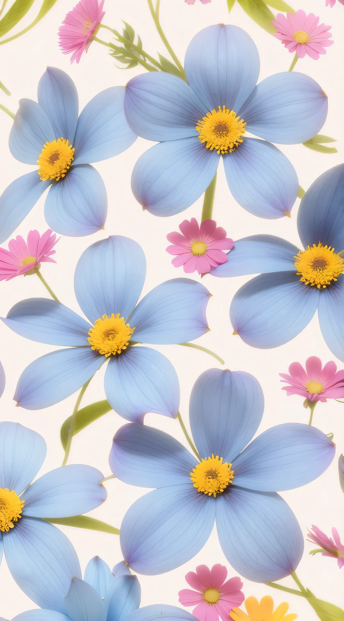 There are many blue flors,The center is pink and yellow, patchy flors, inspirado em Annabel Kidston, pintura estilizada, fundo de flor, floral patterns, opulento, flor power motifs, stylized flors, Enfeite de Morango, flor, flors in the background, repeating pattern, pastel flory background, motivos florais, smeared flors, papel de parede floral