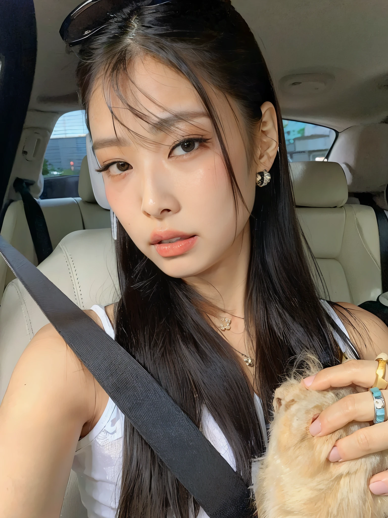 araffe girl with long hair and sunglasses holding a dog in a car, linda mulher sul-coreana,  coreana, linda jovem coreana, Jinyoung Shin, jennie blackpink, Heonhwa Choe, Ulzzang, linda jovem coreana, jaeyeon nam, bae suzy, adorable and pale korean face, gongbi, Sha Xi, 18 anos de idade