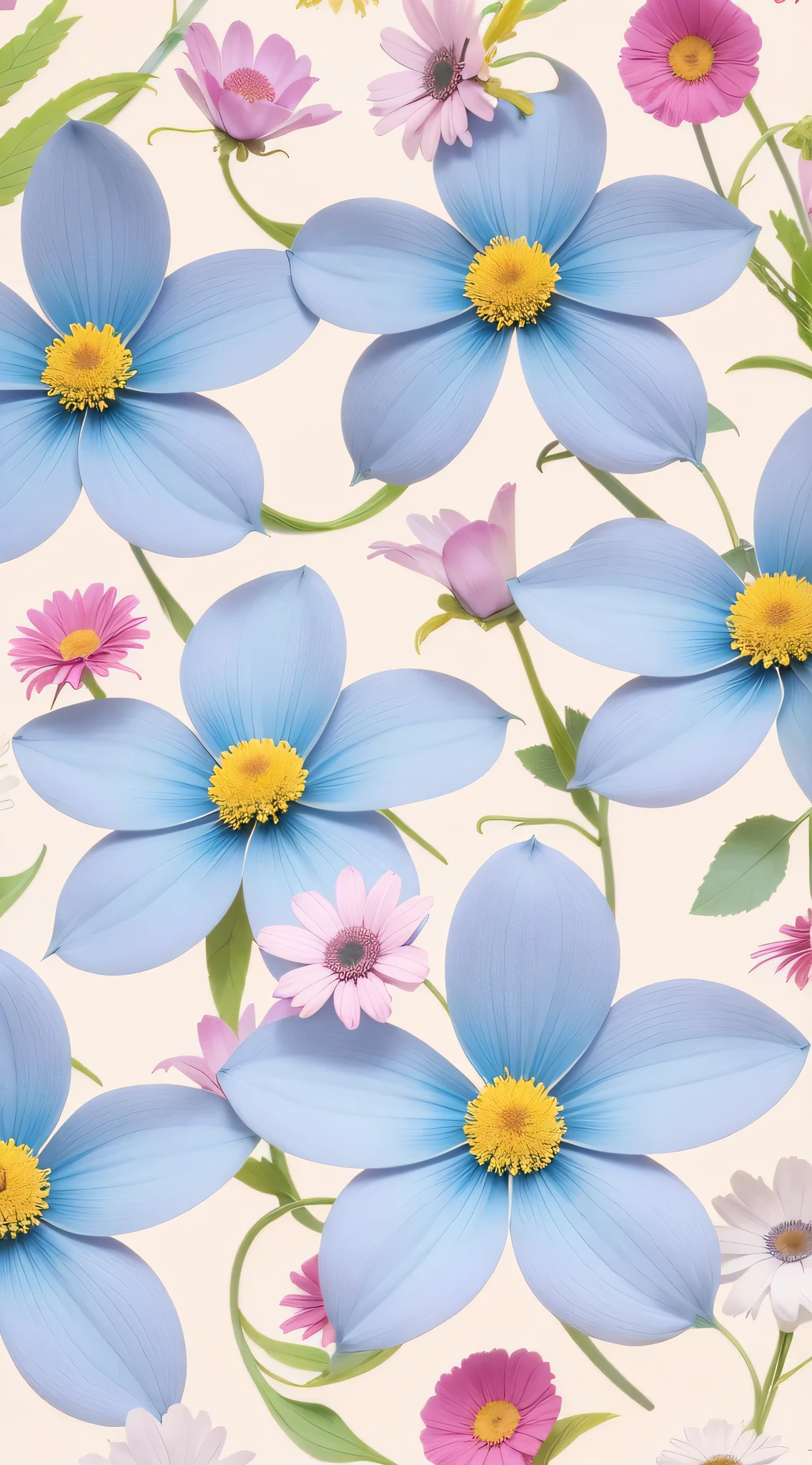 There are many blue flors，The center is pink and yellow, patchy flors, inspirado em Annabel Kidston, pintura estilizada, fundo de flor, floral patterns, opulento, flor power motifs, stylized flors, Enfeite de Morango, flor, flors in the background, repeating pattern, pastel flory background, motivos florais, smeared flors, papel de parede floral