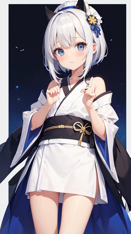 1 chica, Solo, Lindo kimono blue and white, Sandalias de madera, medias, pecho mediano, escote, Japan, fondo blanco, pelo entre los ojos, pelo largo, largo, mirando al espectador, pelo albino, short natural nails, Solo, muslos, Muslos, ((obra maestra)), de pie pose, rubor, Shy, mostrar los dientes, mano detallada, hermoso dedo, orejas zorro, cola zorro, cuerpo completo.