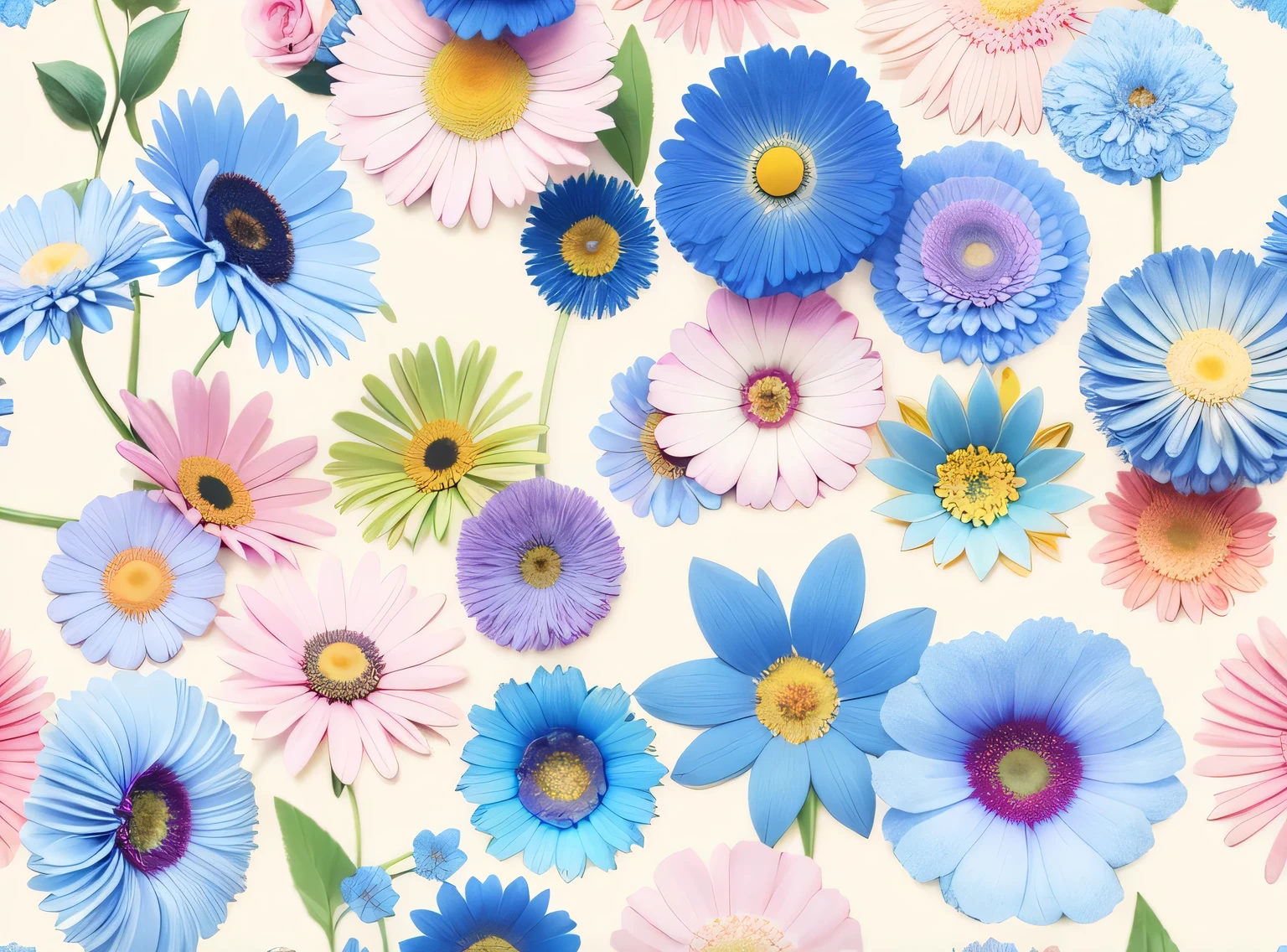 There are many blue flors，The center is pink and yellow, patchy flors, inspirado em Annabel Kidston, pintura estilizada, fundo de flor, floral patterns, opulento, flor power motifs, stylized flors, Enfeite de Morango, flor, flors in the background, repeating pattern, pastel flory background, motivos florais, smeared flors, papel de parede floral