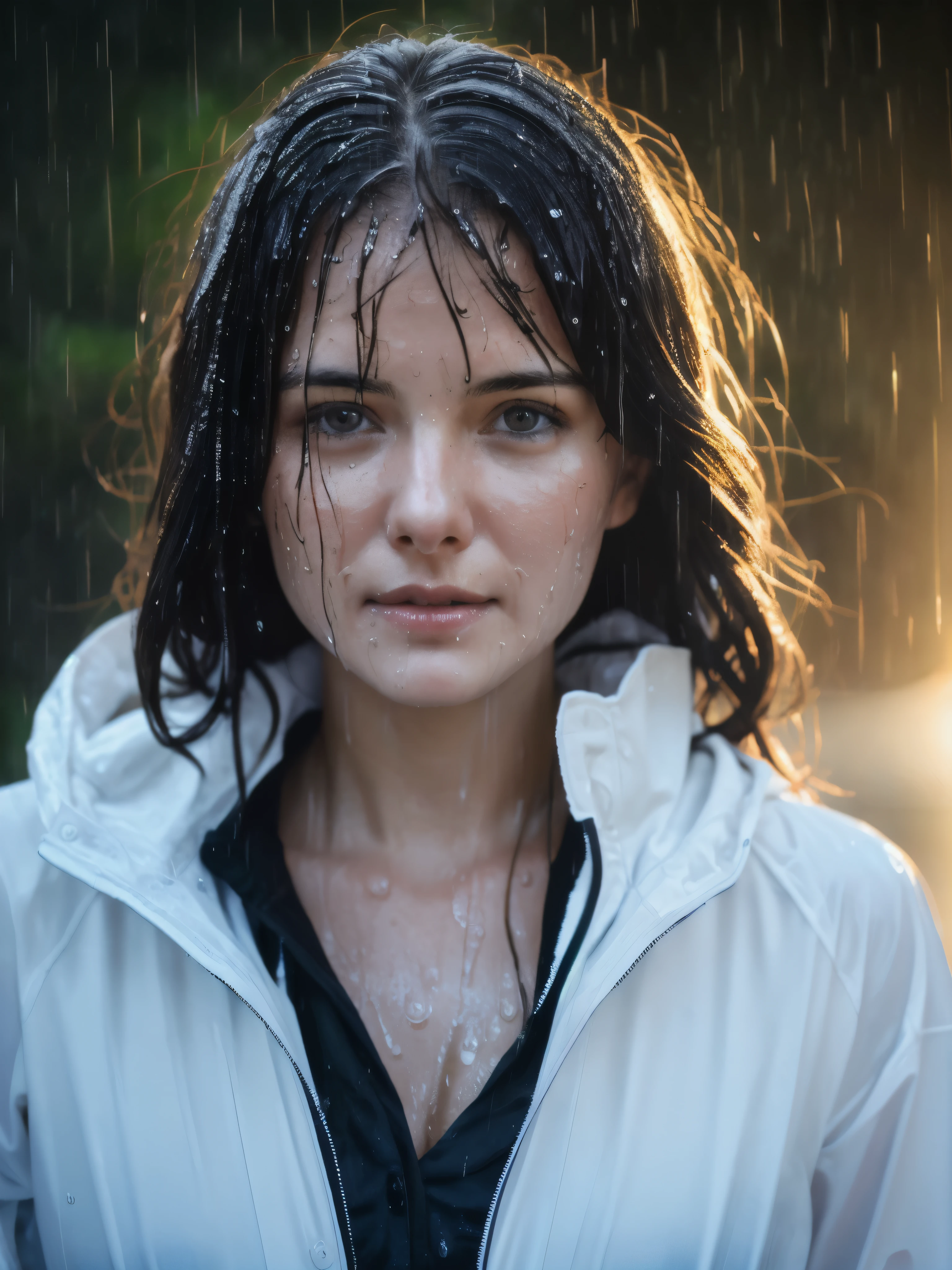 really extreme photography, professional photoset, extremely sexy, double exposure, beautiful 20 year old woman in the rain, detailed raindrops running down her face, Wet hair, wet white clothes stuck to the body, super detailed photo, Play of light under the sunny rain, shower, splatter, luminism, difficult, volumetric light, Global Illumination, detailed environment