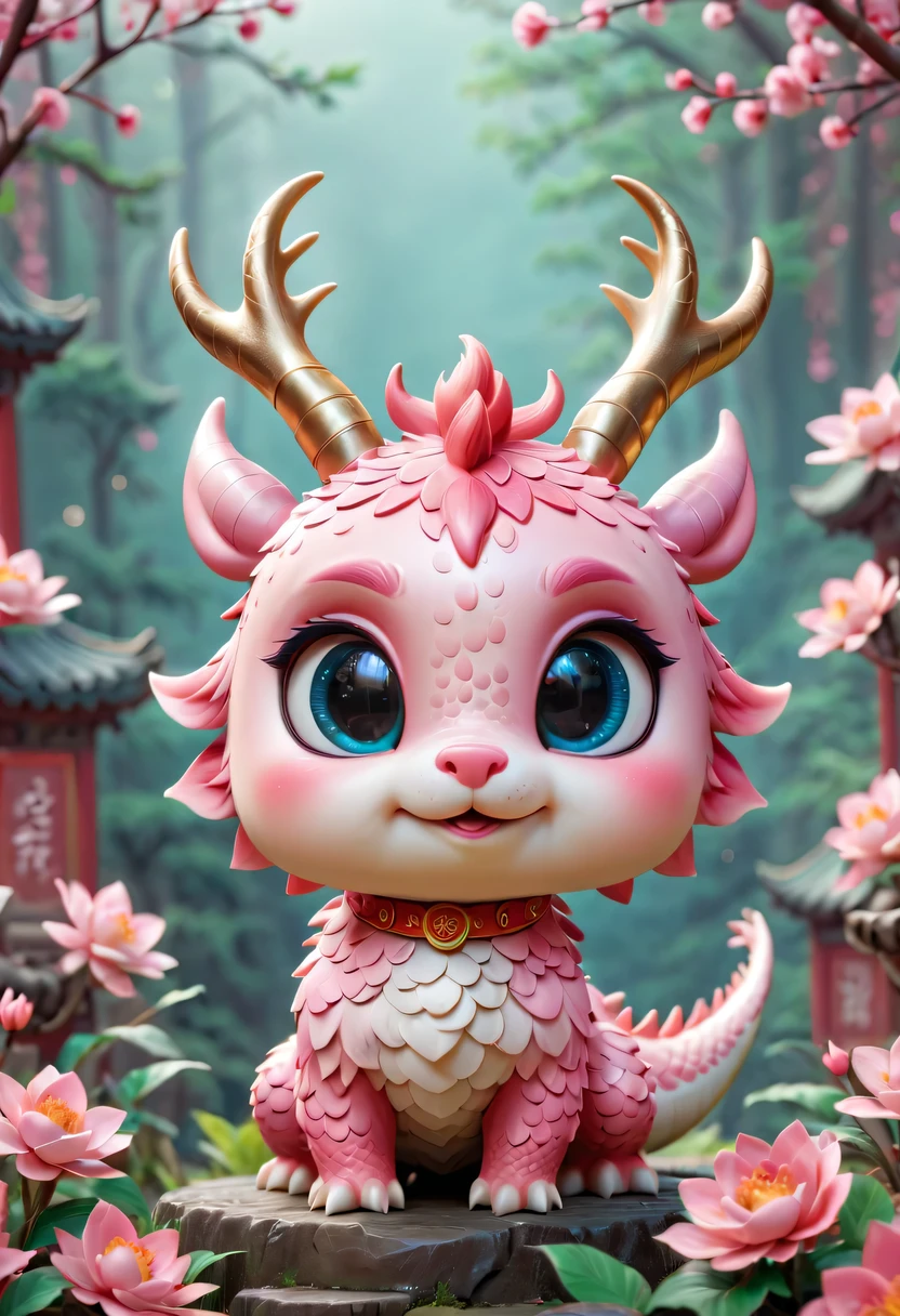 Q version，Cute little dragon，Chinese style，pink space，festive atmosphere，Spring Festival，Lovely antlers，Chinese elements，cartoon，cute pet，Lively