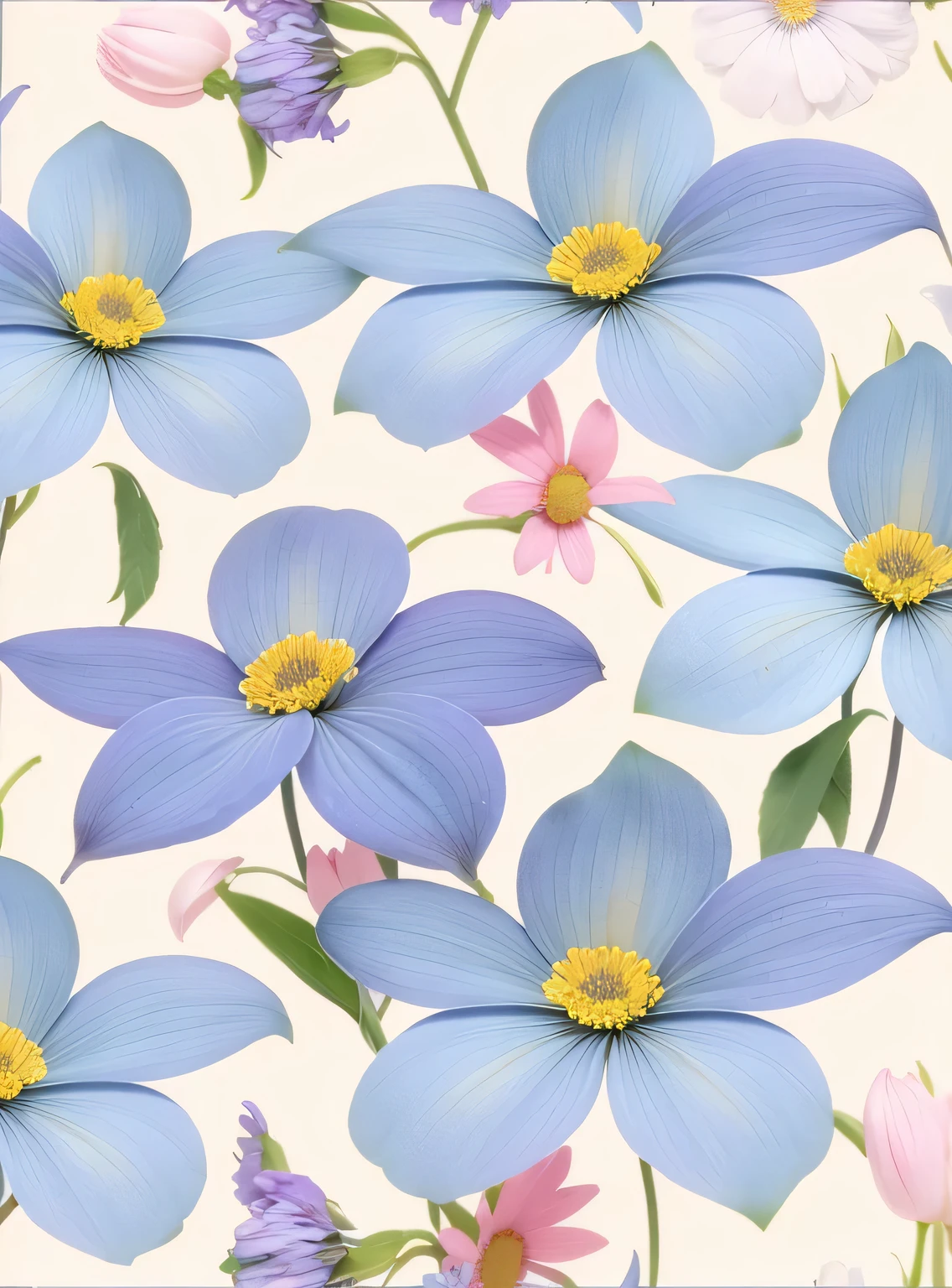 There are many blue flors,The center is pink and yellow, patchy flors, inspirado em Annabel Kidston, pintura estilizada, fundo de flor, floral patterns, opulento, flor power motifs, stylized flors, Enfeite de Morango, flor, flors in the background, repeating pattern, pastel flory background, motivos florais, smeared flors, papel de parede floral