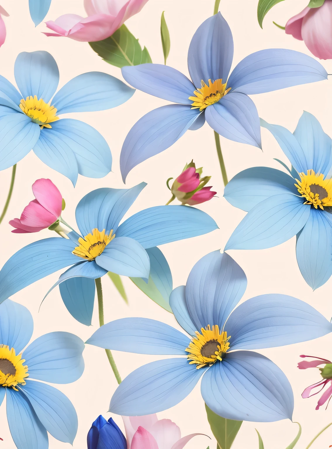 There are many blue flors,The center is pink and yellow, patchy flors, inspirado em Annabel Kidston, pintura estilizada, fundo de flor, floral patterns, opulento, flor power motifs, stylized flors, Enfeite de Morango, flor, flors in the background, repeating pattern, pastel flory background, motivos florais, smeared flors, papel de parede floral