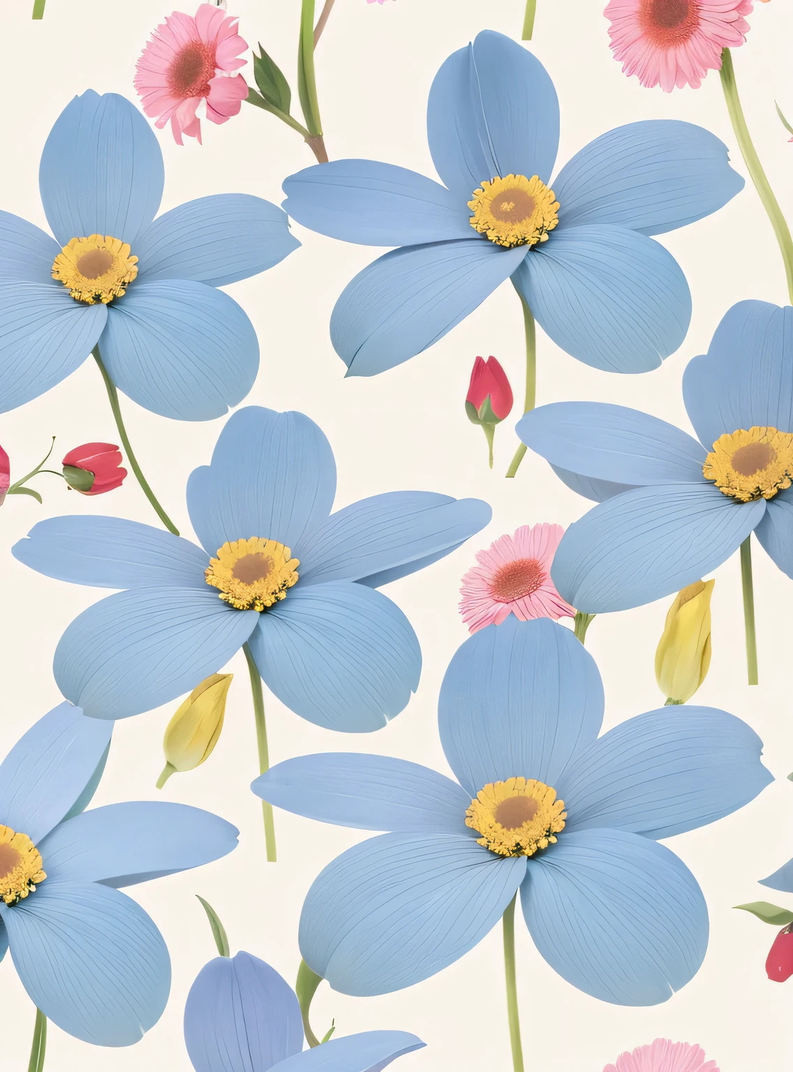 There are many blue flors,The center is pink and yellow, patchy flors, inspirado em Annabel Kidston, pintura estilizada, fundo de flor, floral patterns, opulento, flor power motifs, stylized flors, Enfeite de Morango, flor, flors in the background, repeating pattern, pastel flory background, motivos florais, smeared flors, papel de parede floral