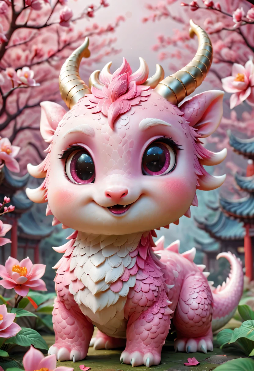 Q version，Cute little dragon，Chinese style，pink space，festive atmosphere，Spring Festival，Lovely antlers，Chinese elements，cartoon，cute pet，Lively