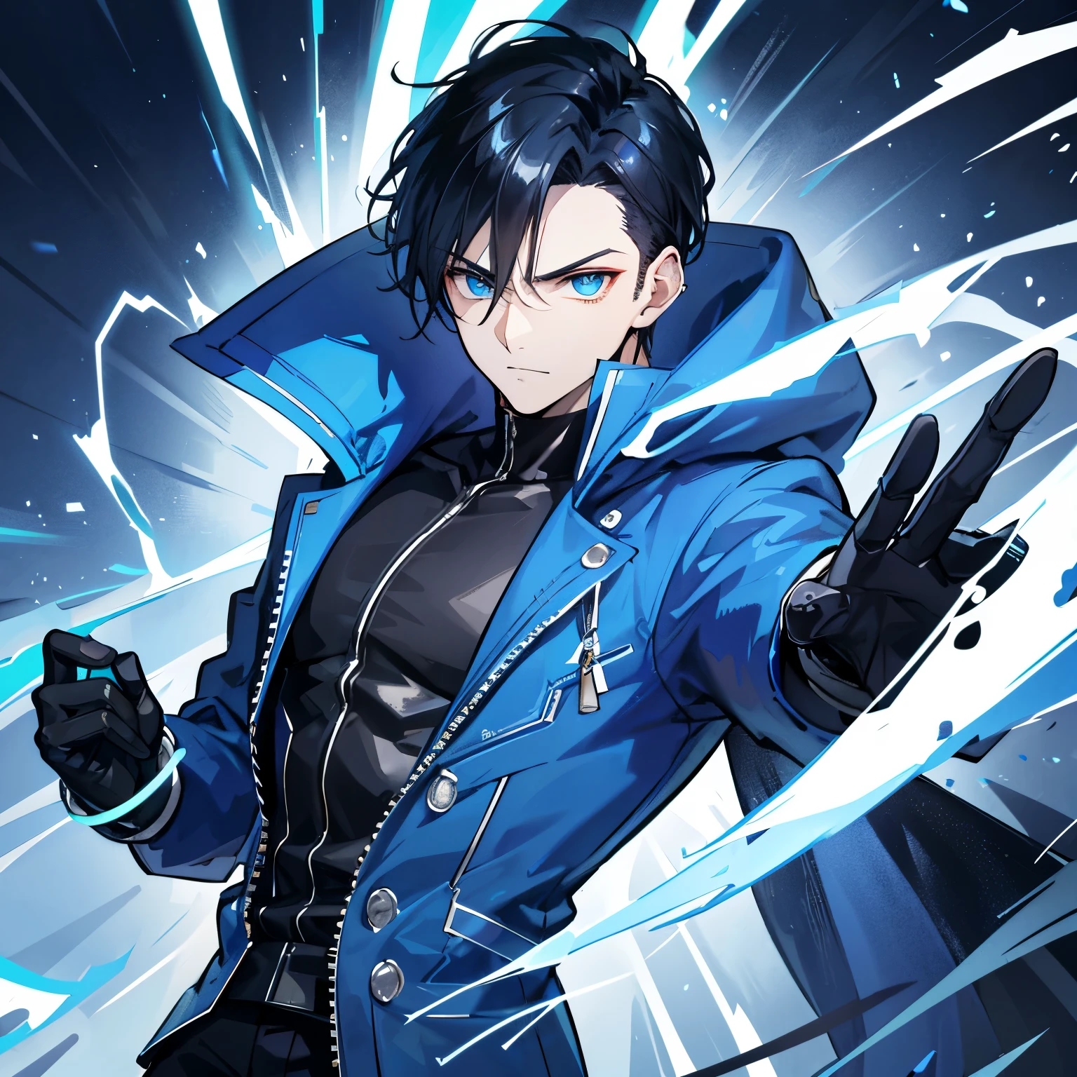 Cool guy, with a casual yet confident demeanor, clads himself in a simple yet striking blue jacket. His jet-black hair, slicked back, frames a chiseled jawline, revealing his strong features. His piercing light blue eyes, as deep as the ocean, mirror the intensity of his personality. He possesses a remarkable ability, a power like no other - blue lightning. This electrifying force ripple through his veins, waiting to be harnessed, ready to strike at a moment's notice.