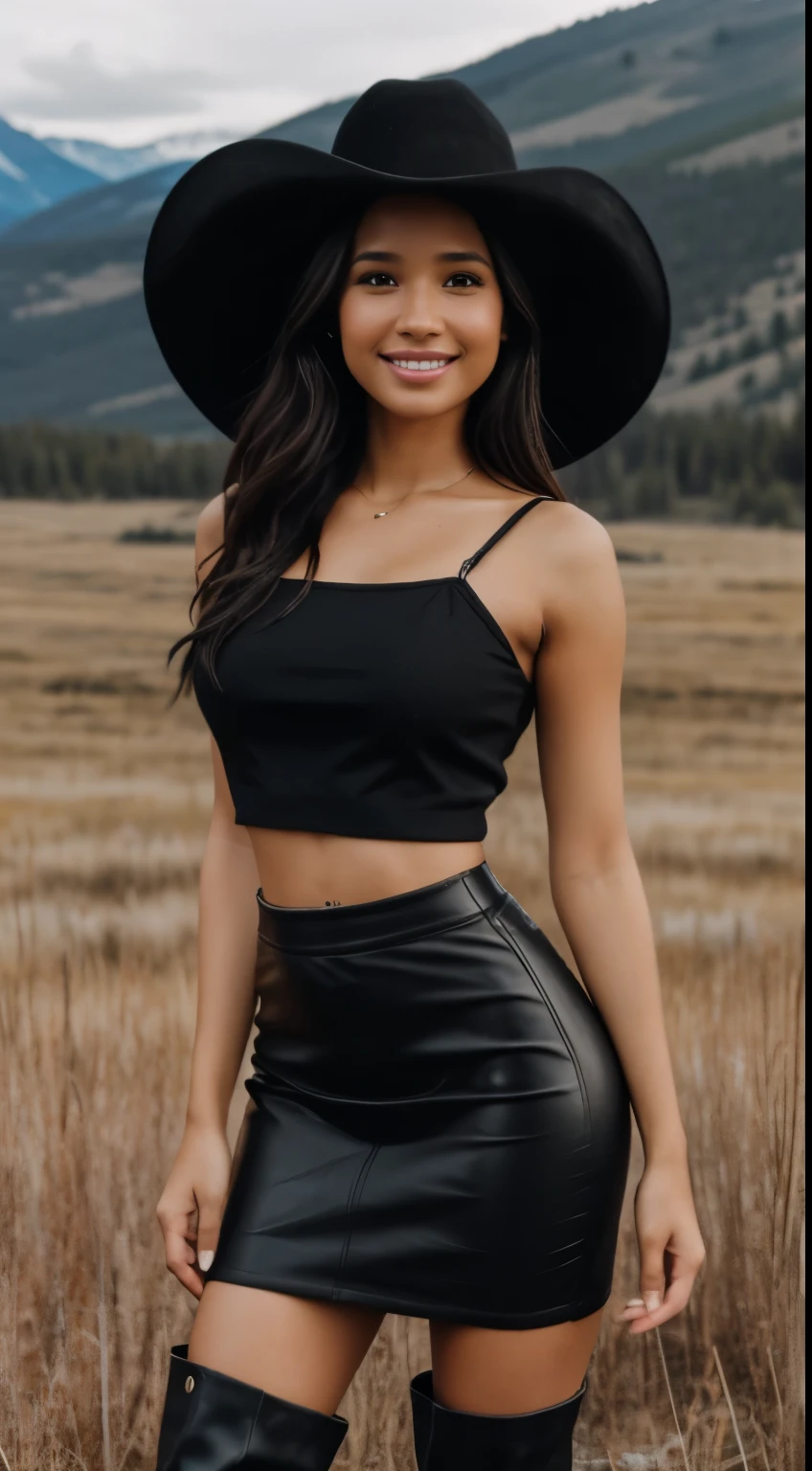 Foto hiperrealista en primer plano de Kelsey Asbille (native American ((light dark skin))), masterpiece, best quality, full body, whole person, (black crop top:1.2), (black mini pencil skirt:1.2) heels, (black black black cowboy hat) (boots:1.2), on the ranch, grey day, Montana mountains in the background, cinematic light, beautiful woman, photo oh whole person, cinematic light, beautiful woman, skinny, large breasts, straight black hair, detailed face, smile, photo taken from a distance