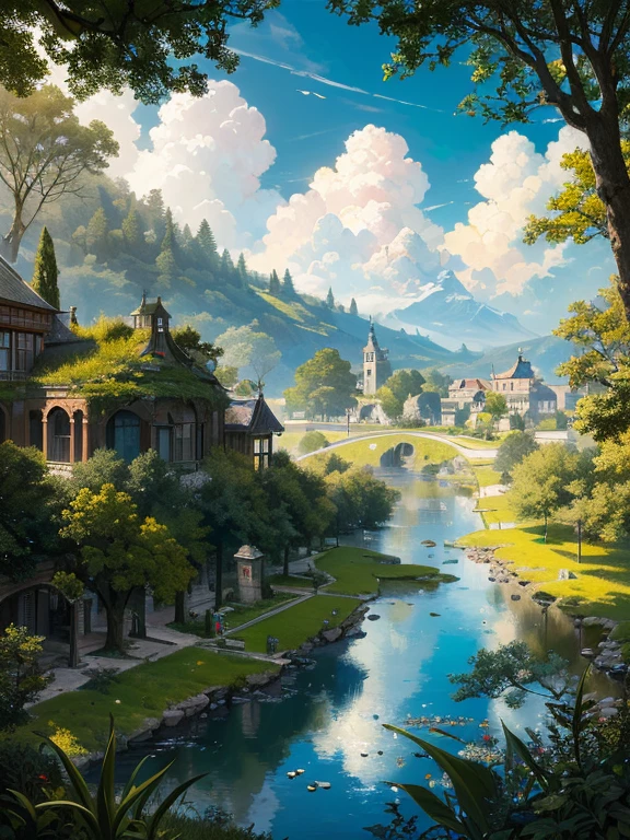 Renaissance oil painting, magnificent, mountains, waterfalls, forests, white clouds, lakes, villages, 8K, fine details, high definition --auto --s2