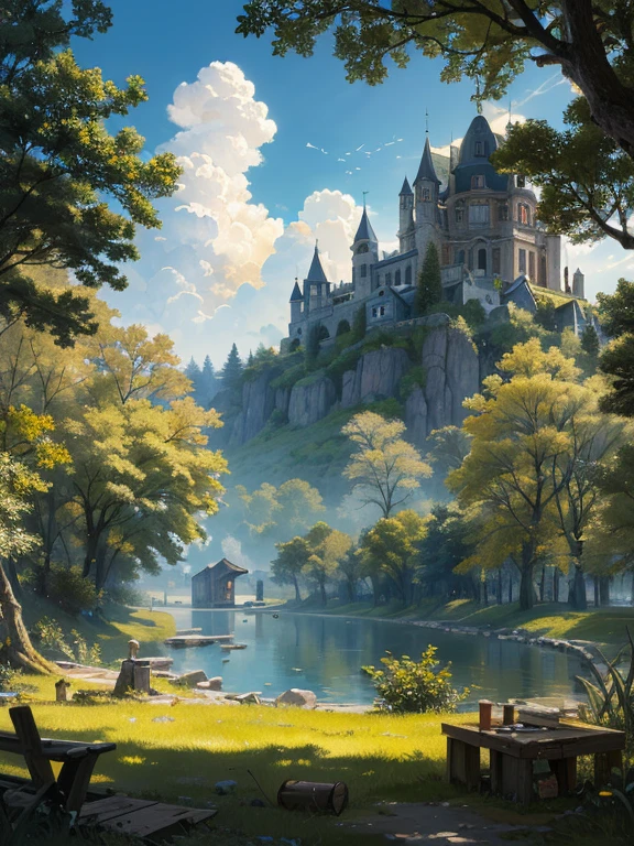 absurdos, high resolution, (Arte oficial, hermoso y estetico:1.2), vista lejana, angulo bajo, dreamlikeart absurdres obra maestra de high resolution mejor calidad Alois Arnegger Antoine Blanchard ciudad castillo bosque mar cielo nubes